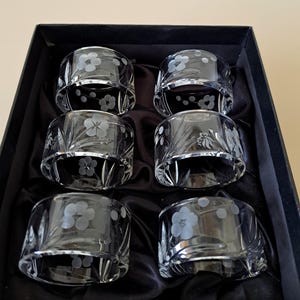 May include: A set of six clear glass napkin rings arranged in a black box. Each circular ring features a delicate etched floral pattern with five-petaled blossoms and slender leaves, creating a translucent design on the smooth glass surface.