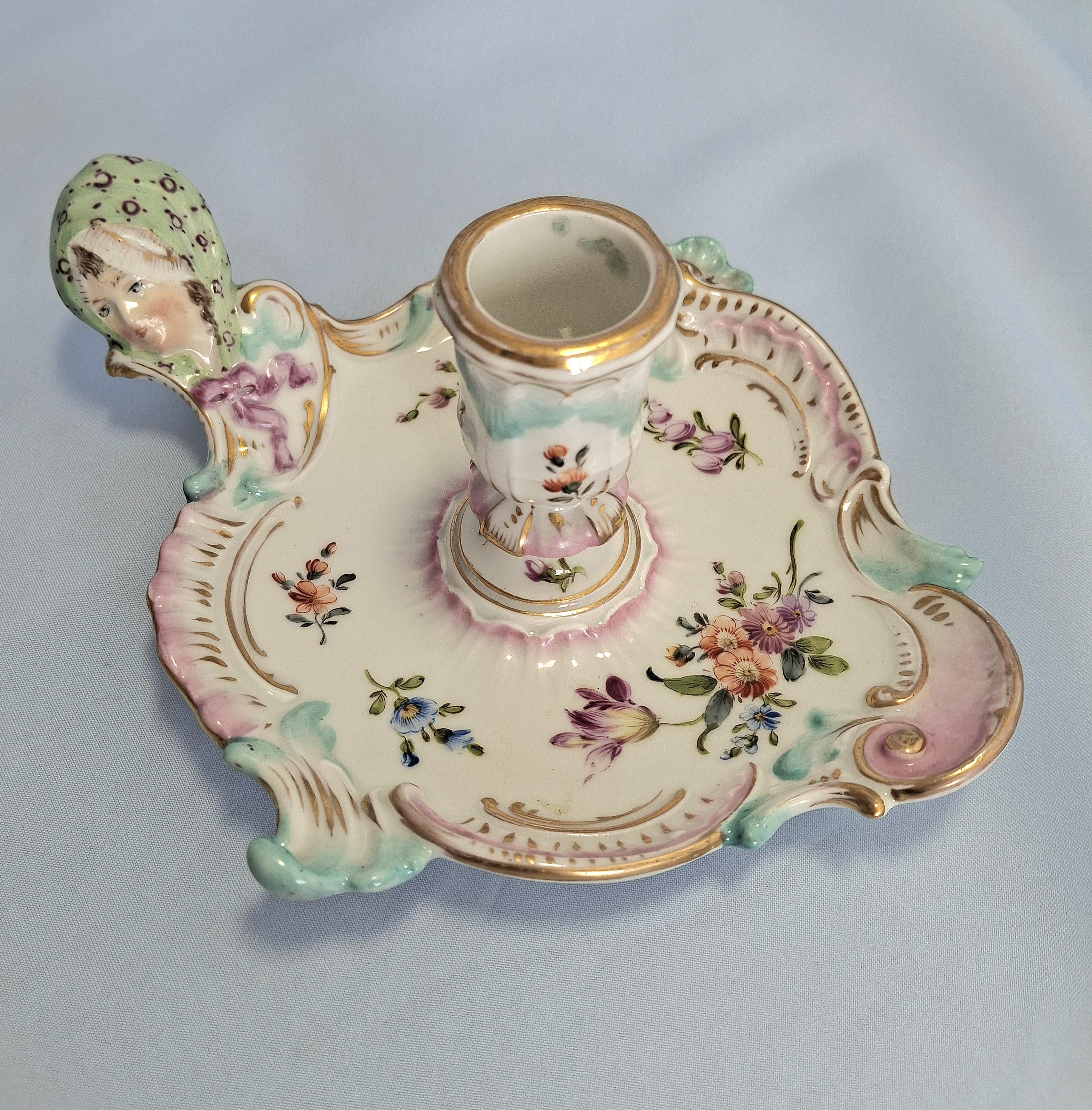 KPM Berlin Porcelain Chambersticks: Floral Weichmalerei, Figural Lady Handle — image 5