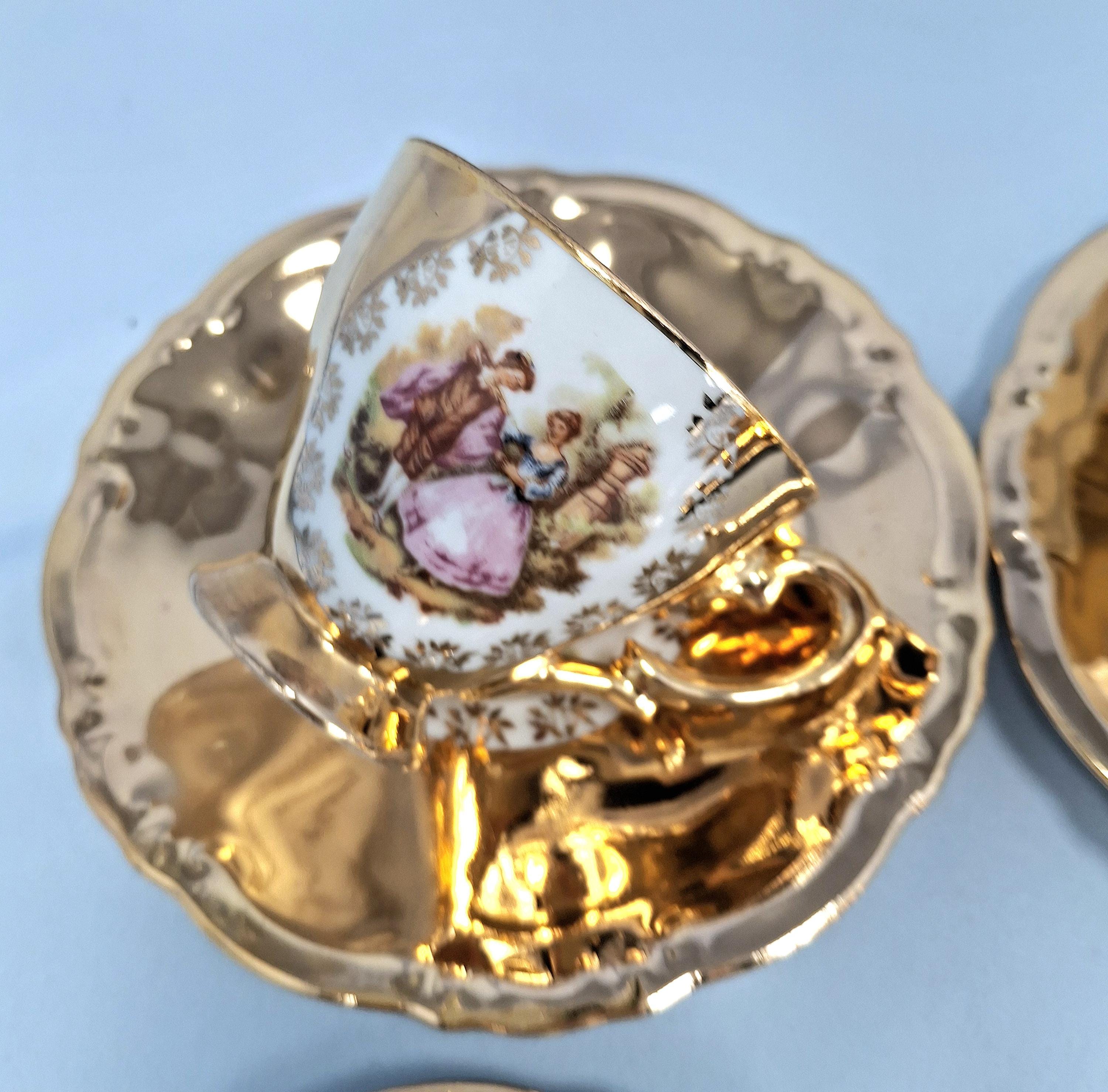 Seltmann Weiden Fragonard Gold Coffee Tea Set for 4, Vintage German Porcelain Demitasse Cups, Teapot, Sugar Bowl, Creamer — image 9