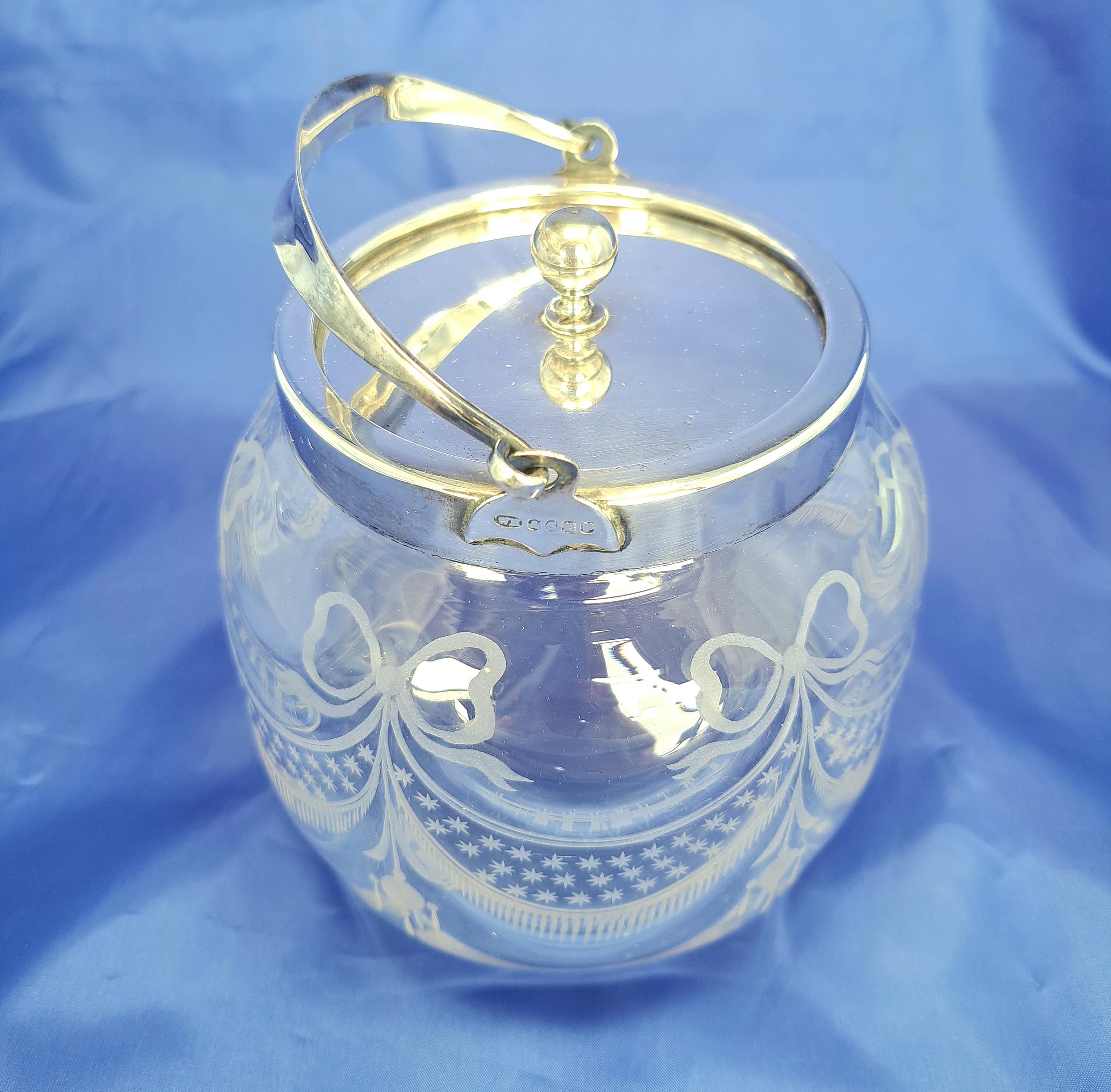 Antique Etched Glass Biscuit Barrel, Hand Blown, Silver Tone Lid, Edwardian Cookie Jar — image 10