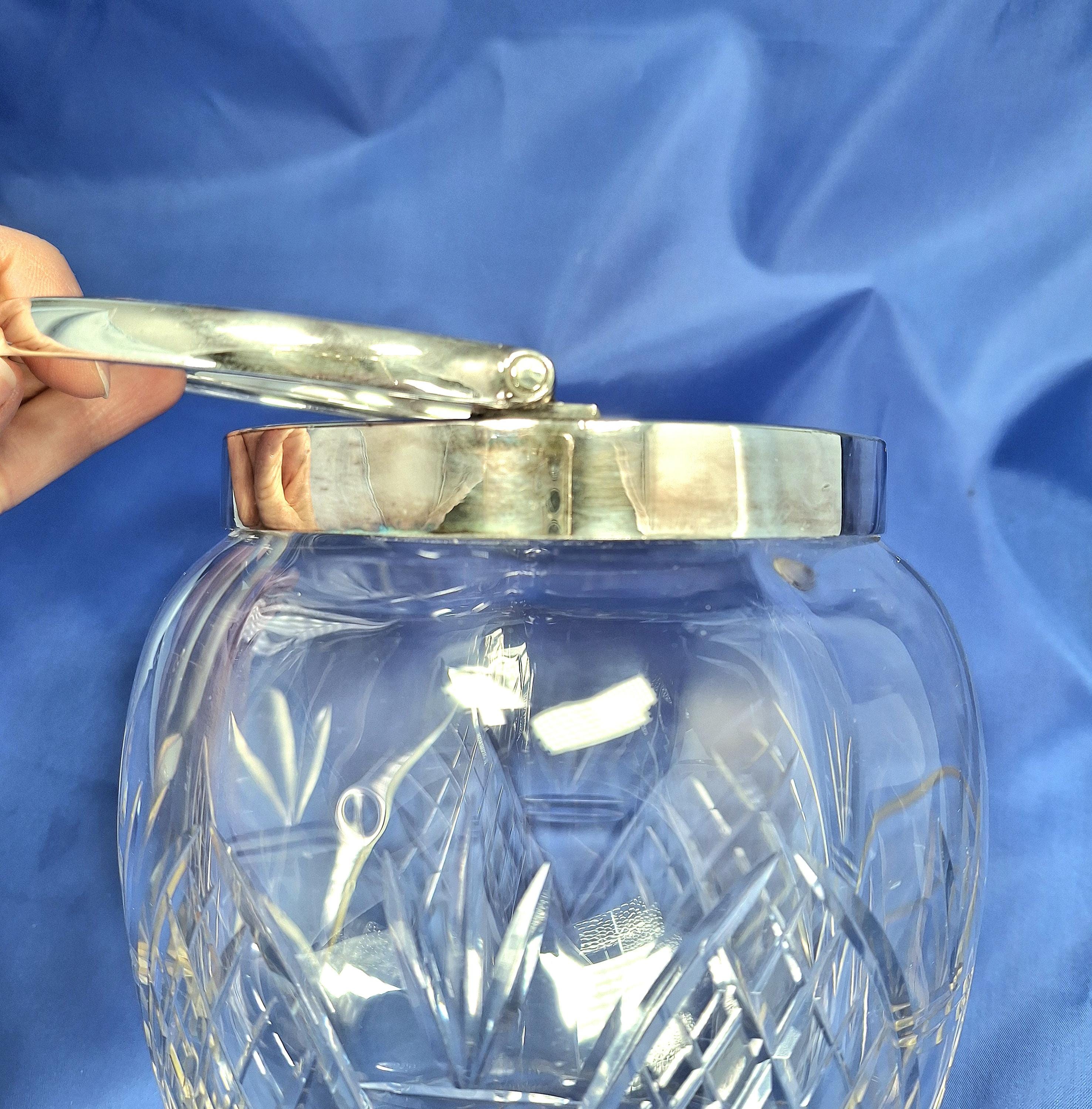 アンティークカットガラスビスケットバレル：銀メッキ蓋、英国製