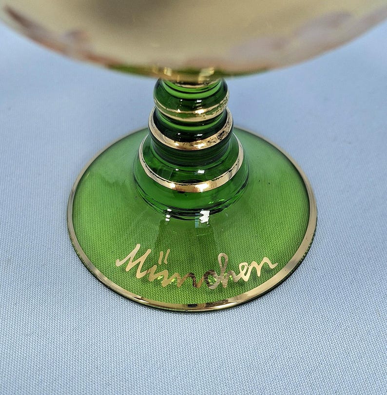 Vintage E & A Böckling Dessert Glasses Set of 2 Green Stem Gold Lustre Floral Coupe Cups image 5