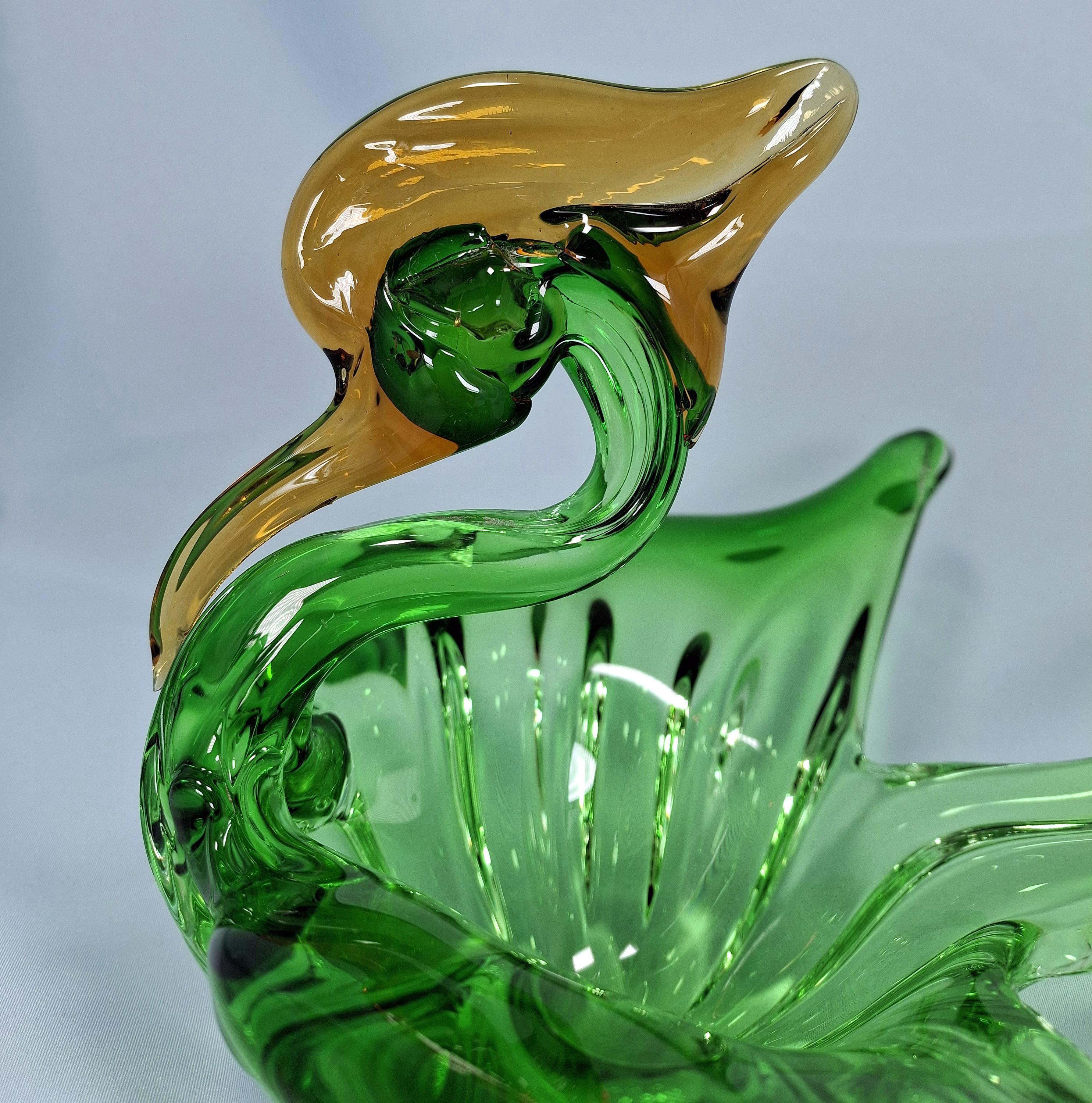 Vintage Art Glass Swan Bowl, Green Gold Murano Style Centerpiece — image 5