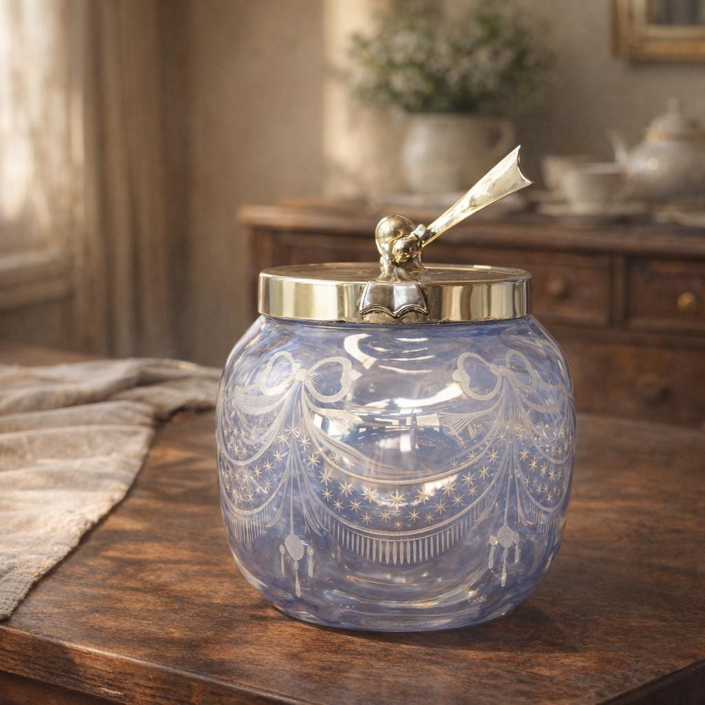 Antique Etched Glass Biscuit Barrel, Hand Blown, Silver Tone Lid, Edwardian Cookie Jar — image 5