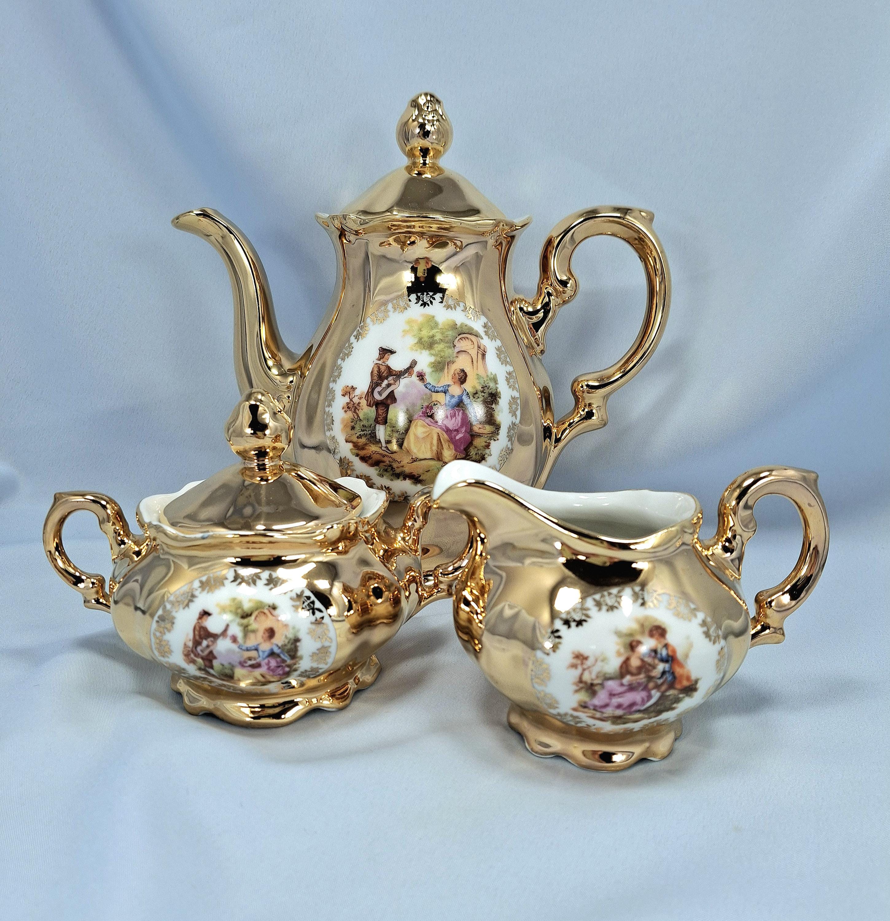 Seltmann Weiden Fragonard Gold Coffee Tea Set for 4, Vintage German Porcelain Demitasse Cups, Teapot, Sugar Bowl, Creamer — image 3