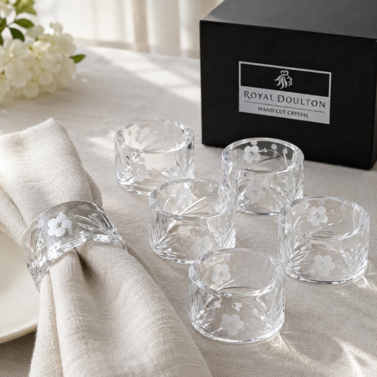 Royal Doulton Chelsea Crystal Napkin Rings, Boxed Set of 6