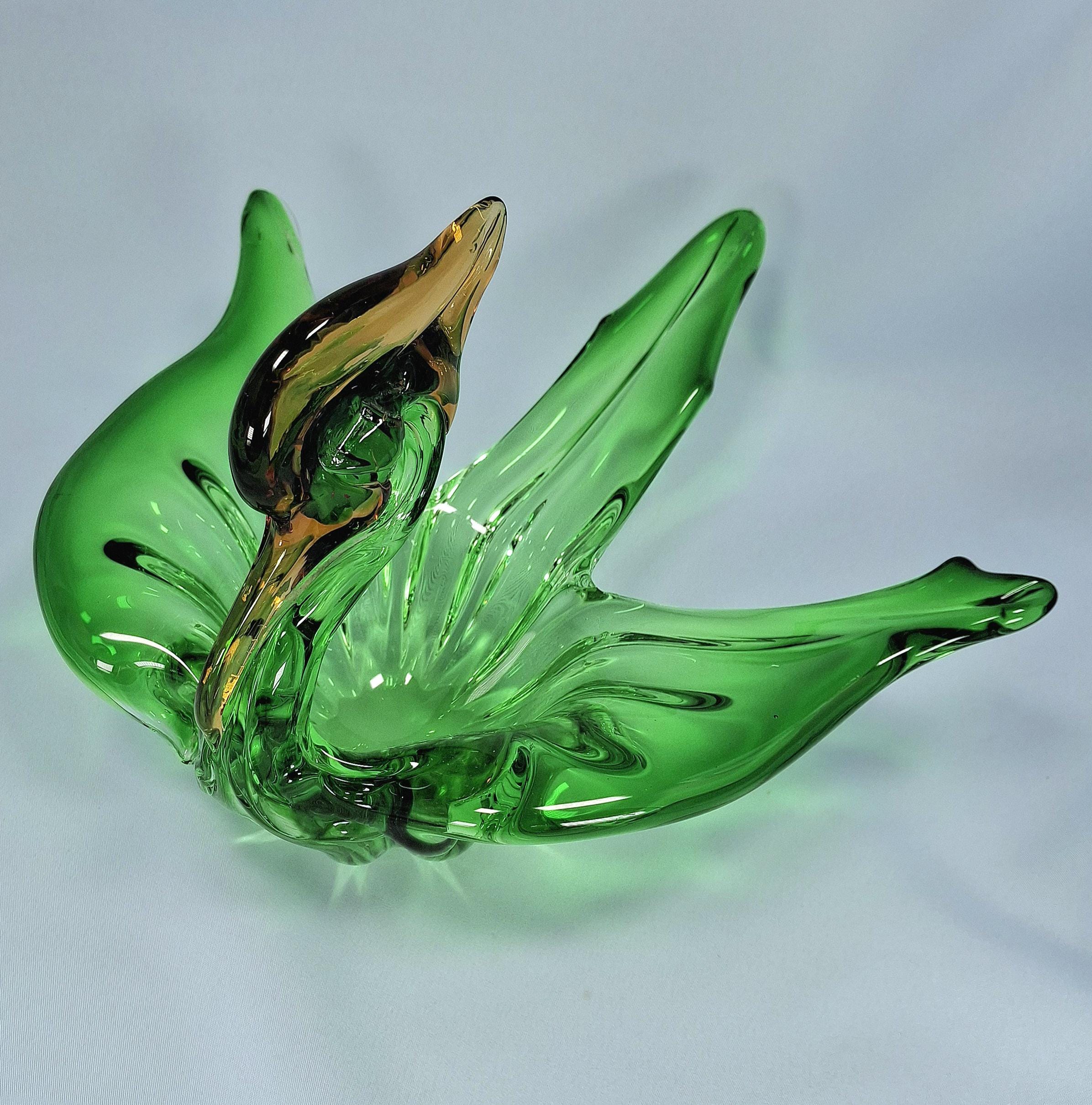 Vintage Art Glass Swan Bowl, Green Gold Murano Style Centerpiece — image 10