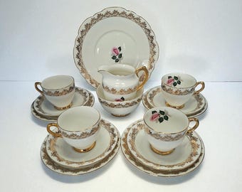 Vintage Taylor & Kent England Tea Set, Pink Rose Bone China, 15-Piece Cottagecore Floral