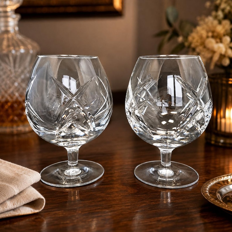 Puede incluir: Dos copas de brandy de cristal transparente con un patr&oacute;n de corte profundo de diamantes y cruces. Cada copa tiene un cuenco ancho y redondeado que se estrecha hacia el borde, sostenido por un tallo corto y robusto y una base circular.