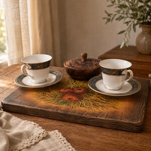 May include: Two white porcelain teacups with matching saucers featuring dark blue and gold rims, a round wooden lidded bowl, and a rectangular wooden serving board decorated with a painted illustration of three red apples on a straw nest.