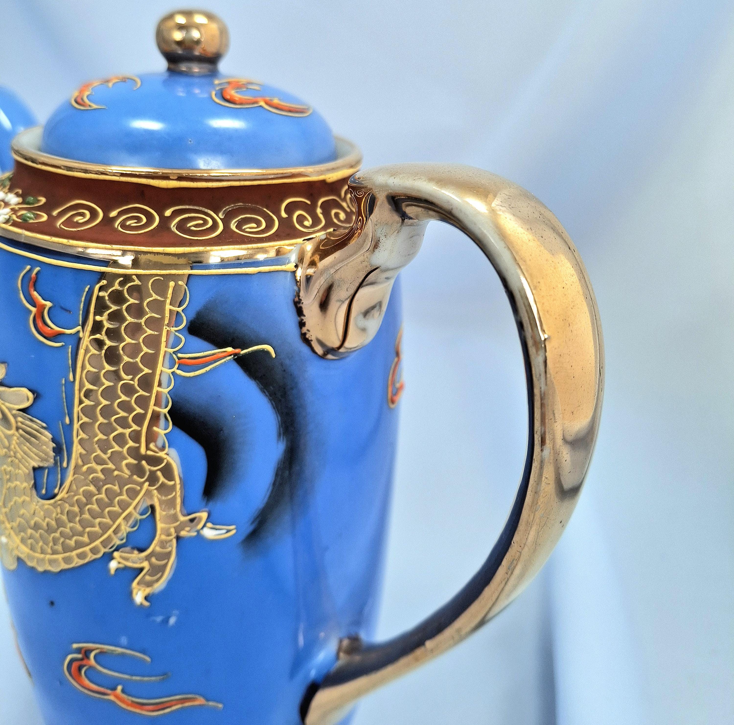 Antique Japanese Tea Coffee Set: Hand-Painted Coloured Enamel, Porcelain, Golden Dragon — image 9