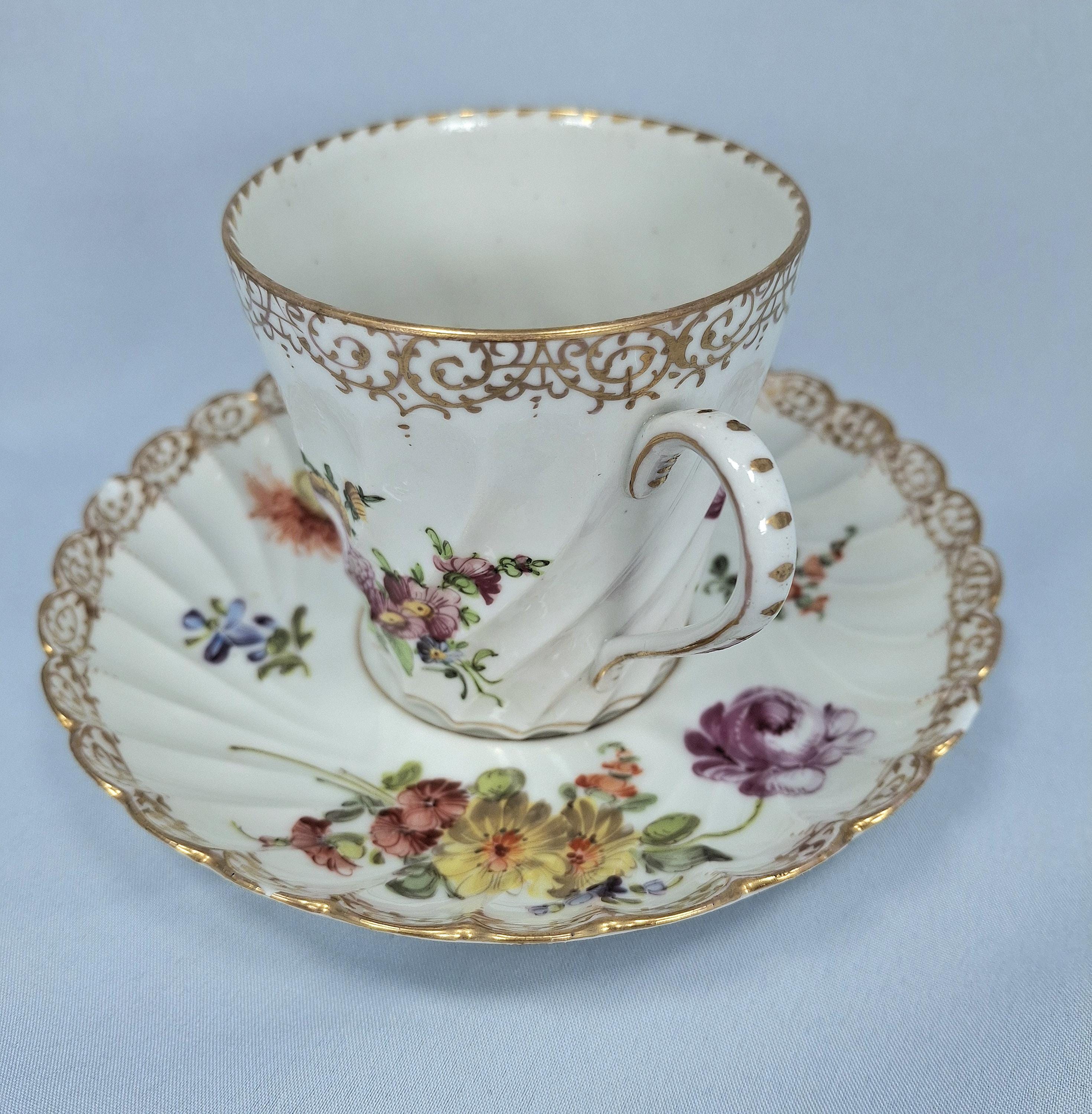 Antique Dresden Porcelain Cup and Saucer: Handpainted Floral Sprays — image 3