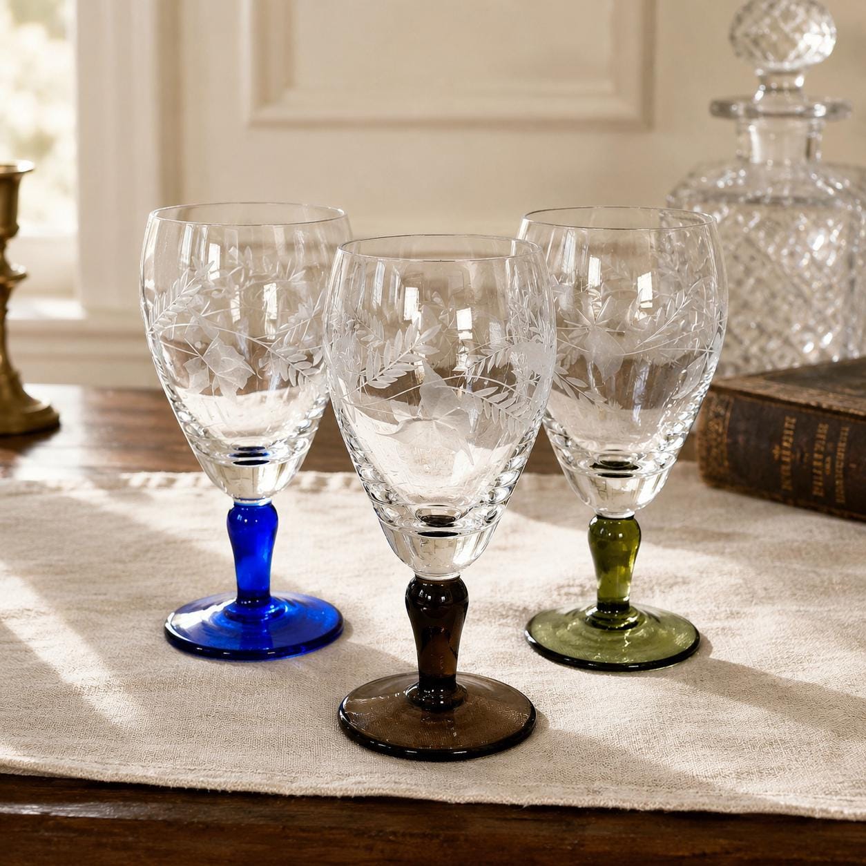 Vintage Etched Cordial Glass, Colored Stem Liqueur Glass, Roemer Style (Set of 3)