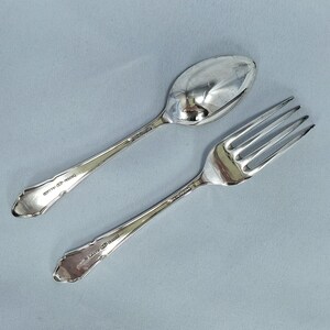 May include: A silver spoon and fork set. The spoon has an oval bowl and a long handle. The fork has four tines and a long handle. Both pieces have a decorative edge and are set against a light blue background.