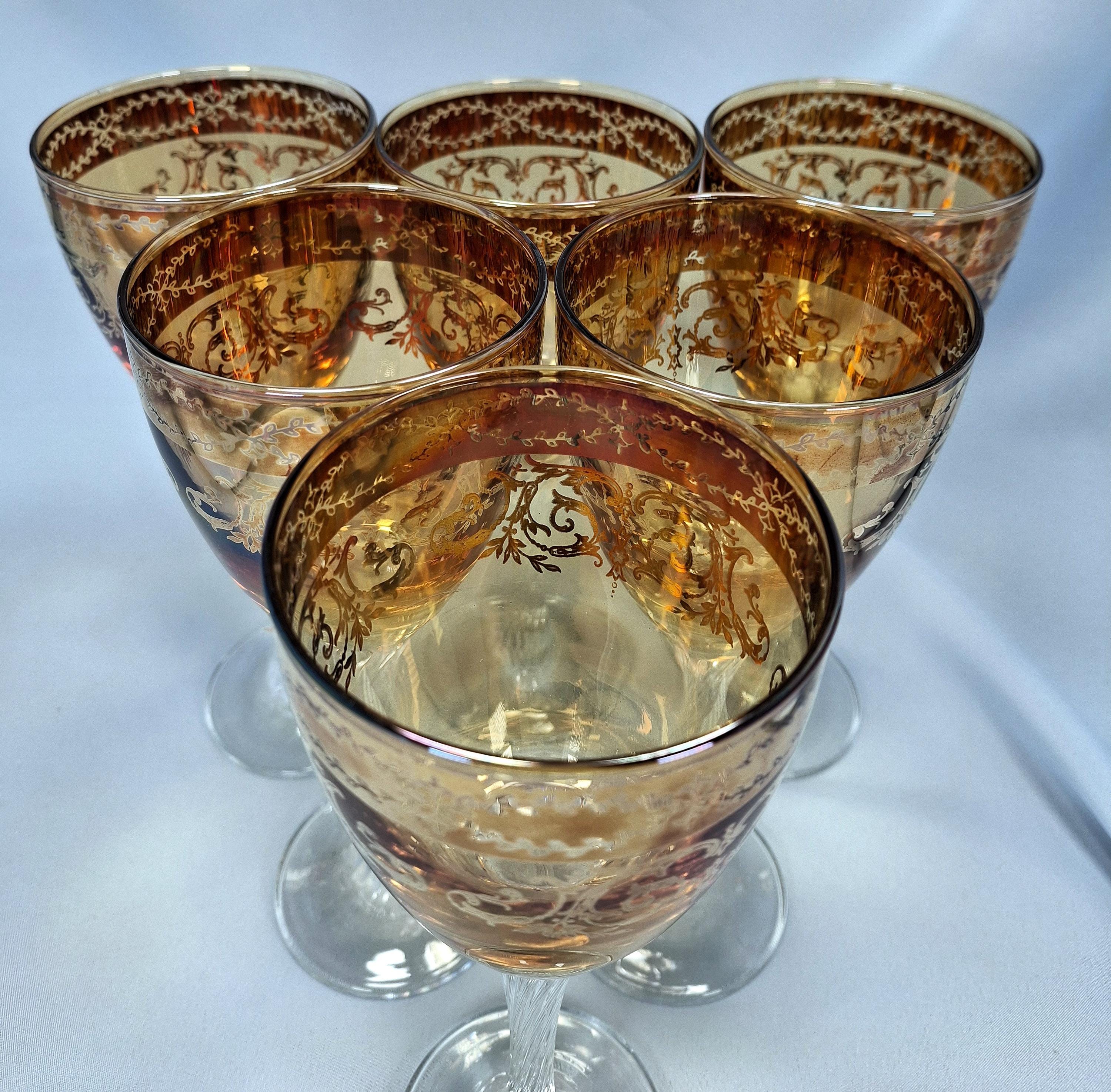 Set of 6 Umber Wine Glasses, Gold Trim, Twisted Stem Barware, Elegant Vintage Barware — image 9
