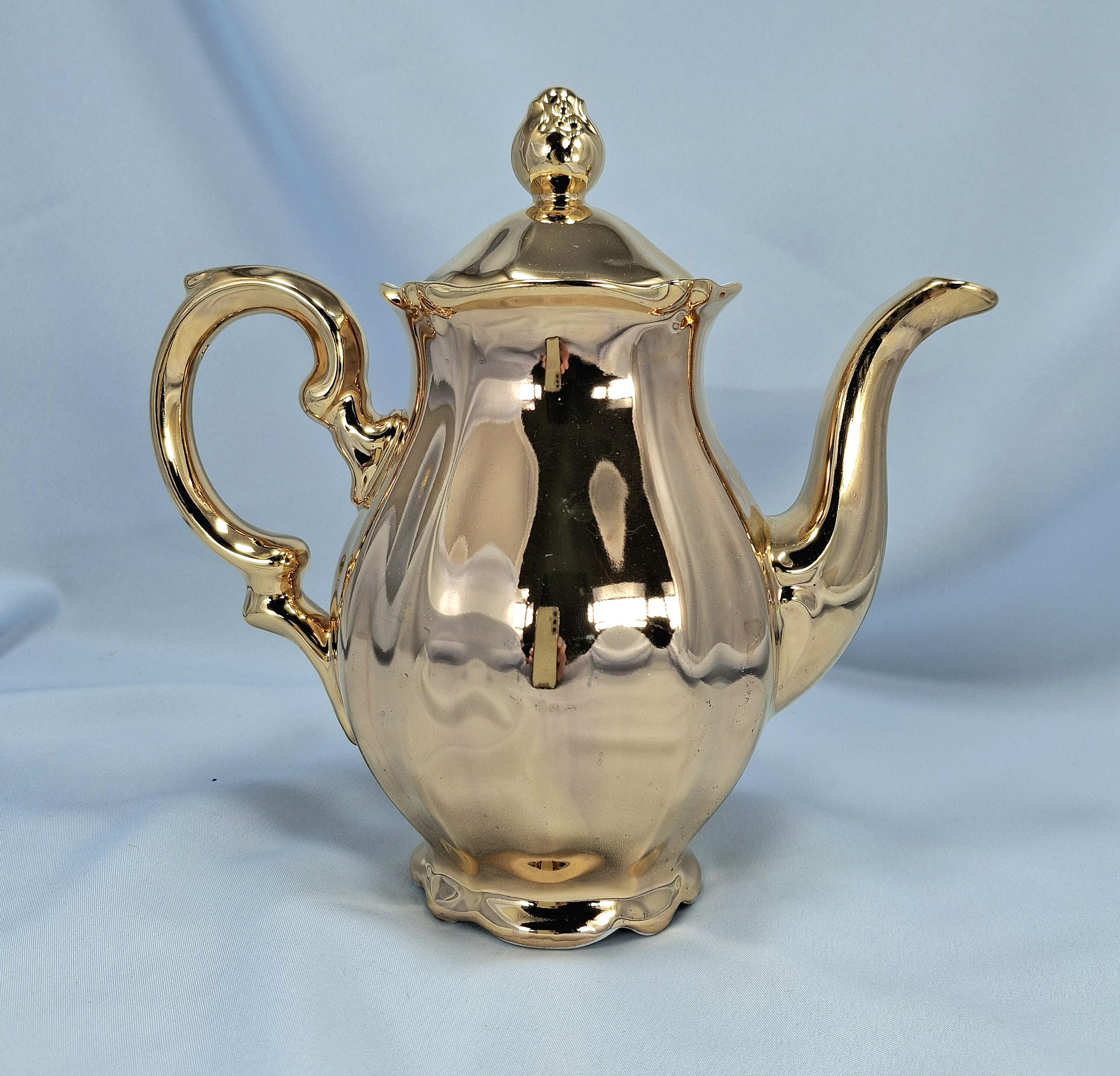 Seltmann Weiden Fragonard Gold Coffee Tea Set for 4, Vintage German Porcelain Demitasse Cups, Teapot, Sugar Bowl, Creamer — image 4