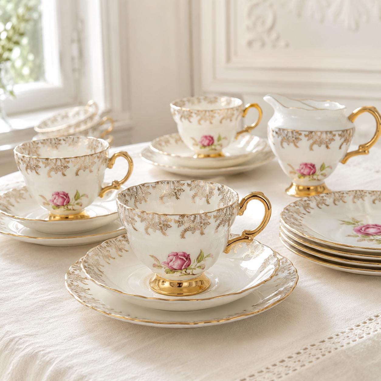 Vintage Rosina Bone China Tea Set, 7 Trios & Milk Jug, Pink Rose Gold Trim, England — image 2