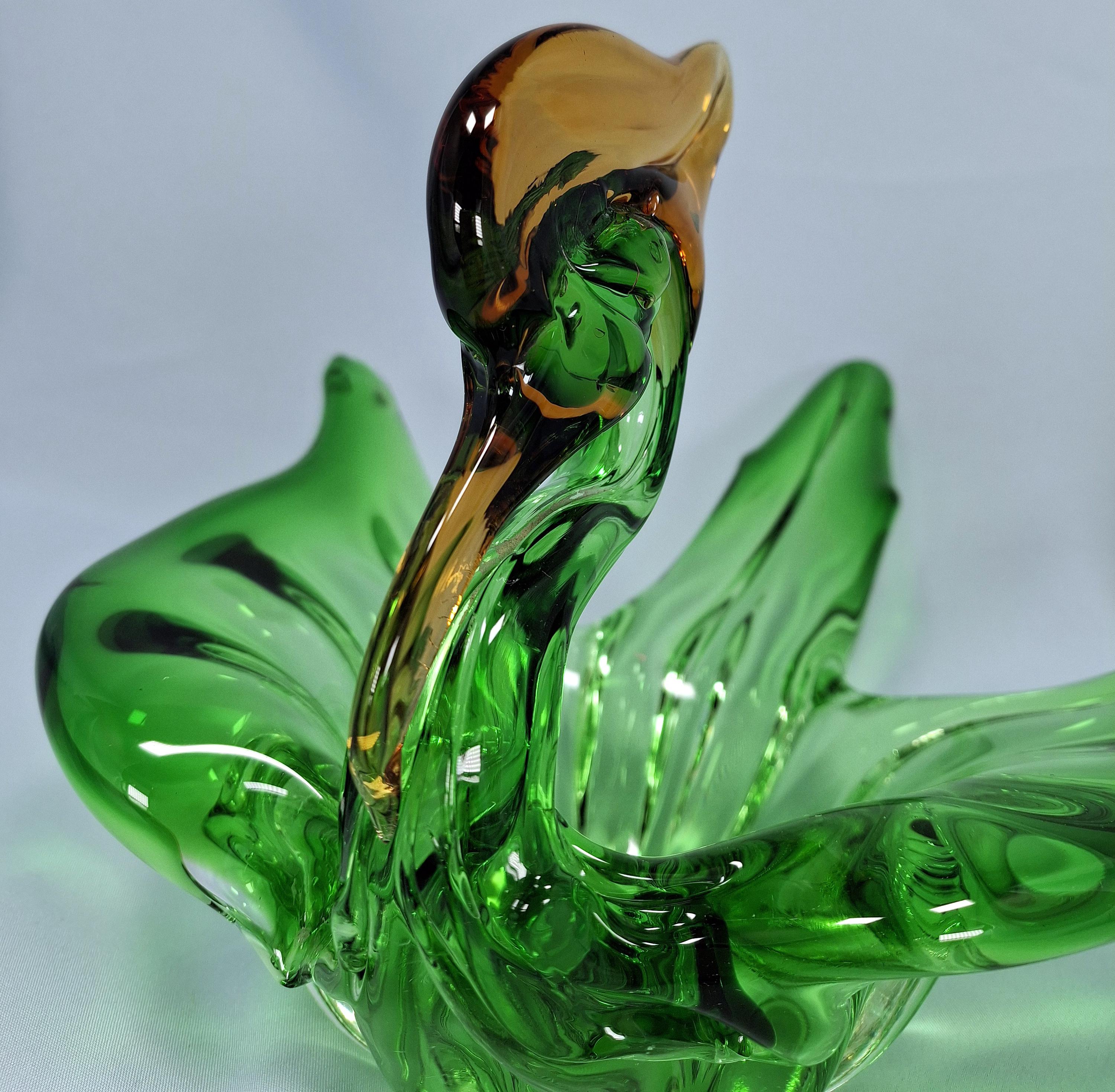 Vintage Art Glass Swan Bowl, Green Gold Murano Style Centerpiece — image 6