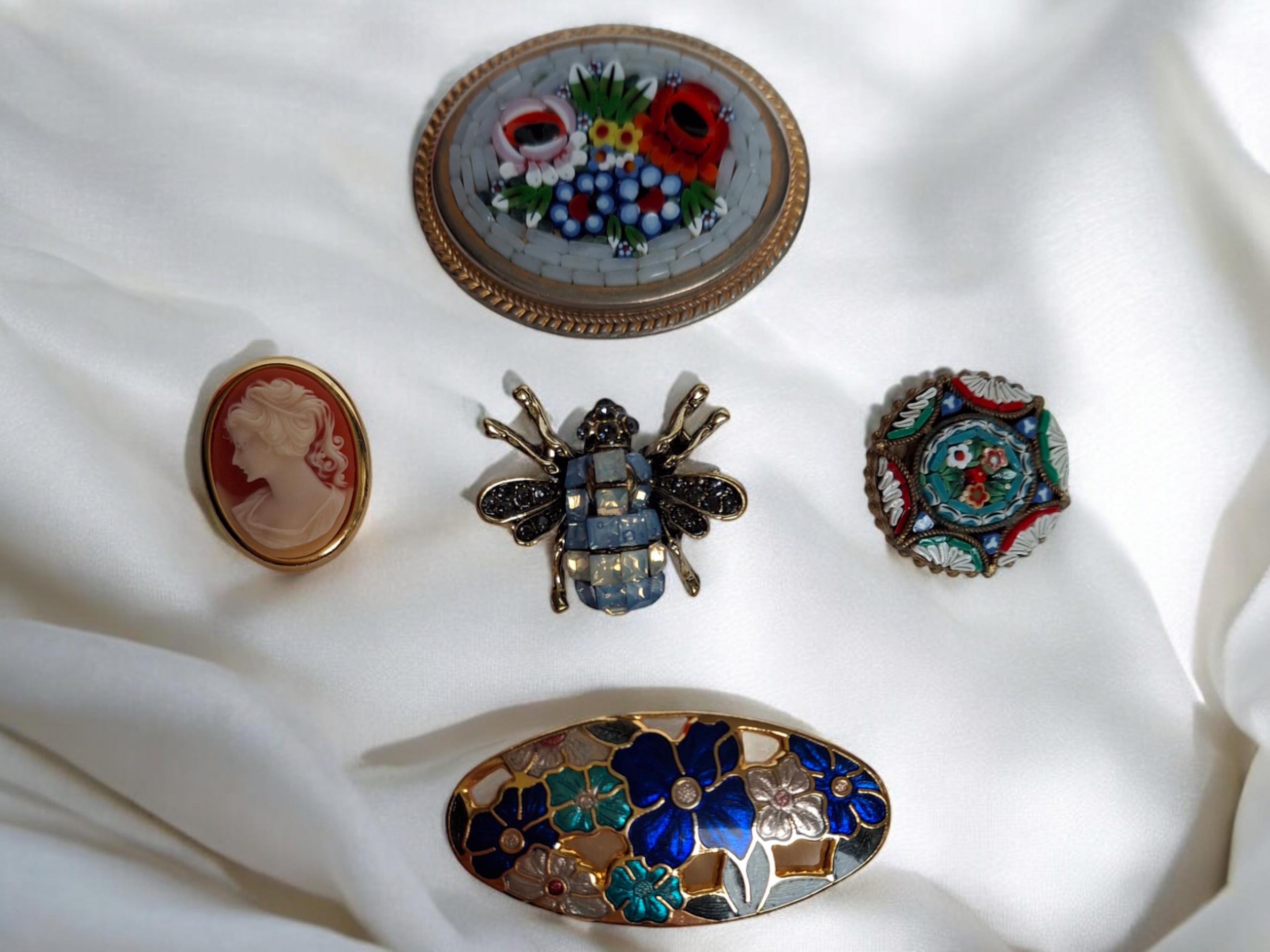 Vintage Brooches: Italy Micro Mosaic, Cloisonne Enamel, Bee, Cameo
