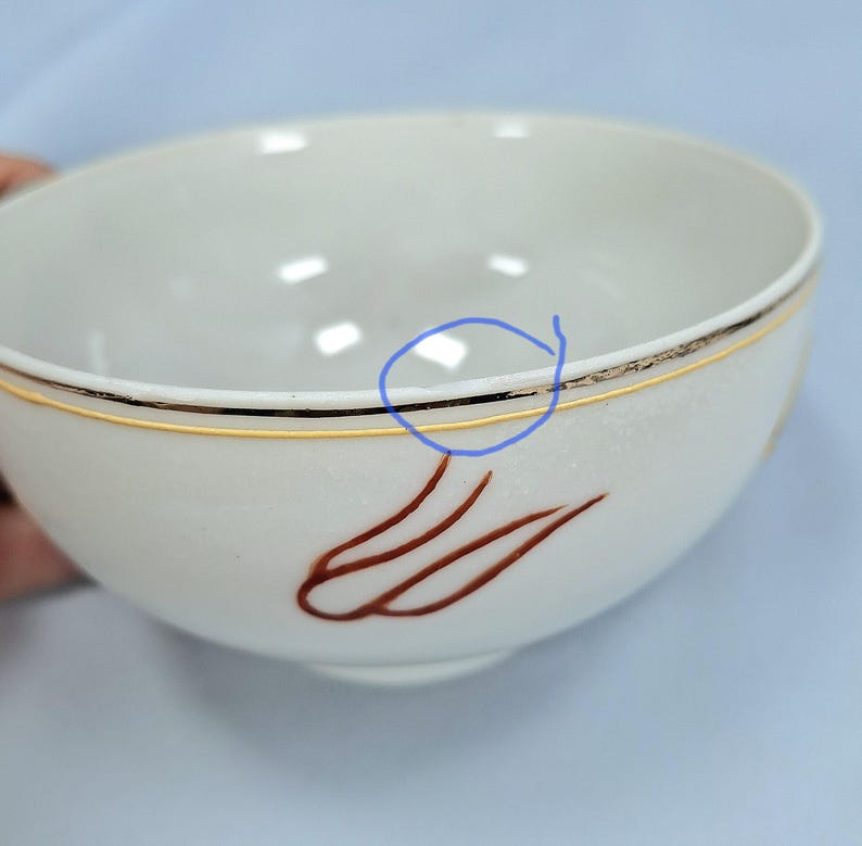 May include: A white ceramic bowl with a gold and black rim. The bowl has a brown floral design on the outside. It is likely used for serving food or as a decorative item.