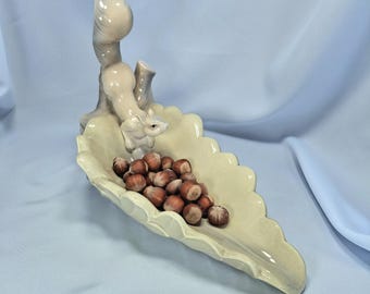 Vintage porseleinen Spaanse keramische bladschaal, handgeschilderd dienblad met eekhoornsnuisterij, Cottagecore ijdelheidsdecor