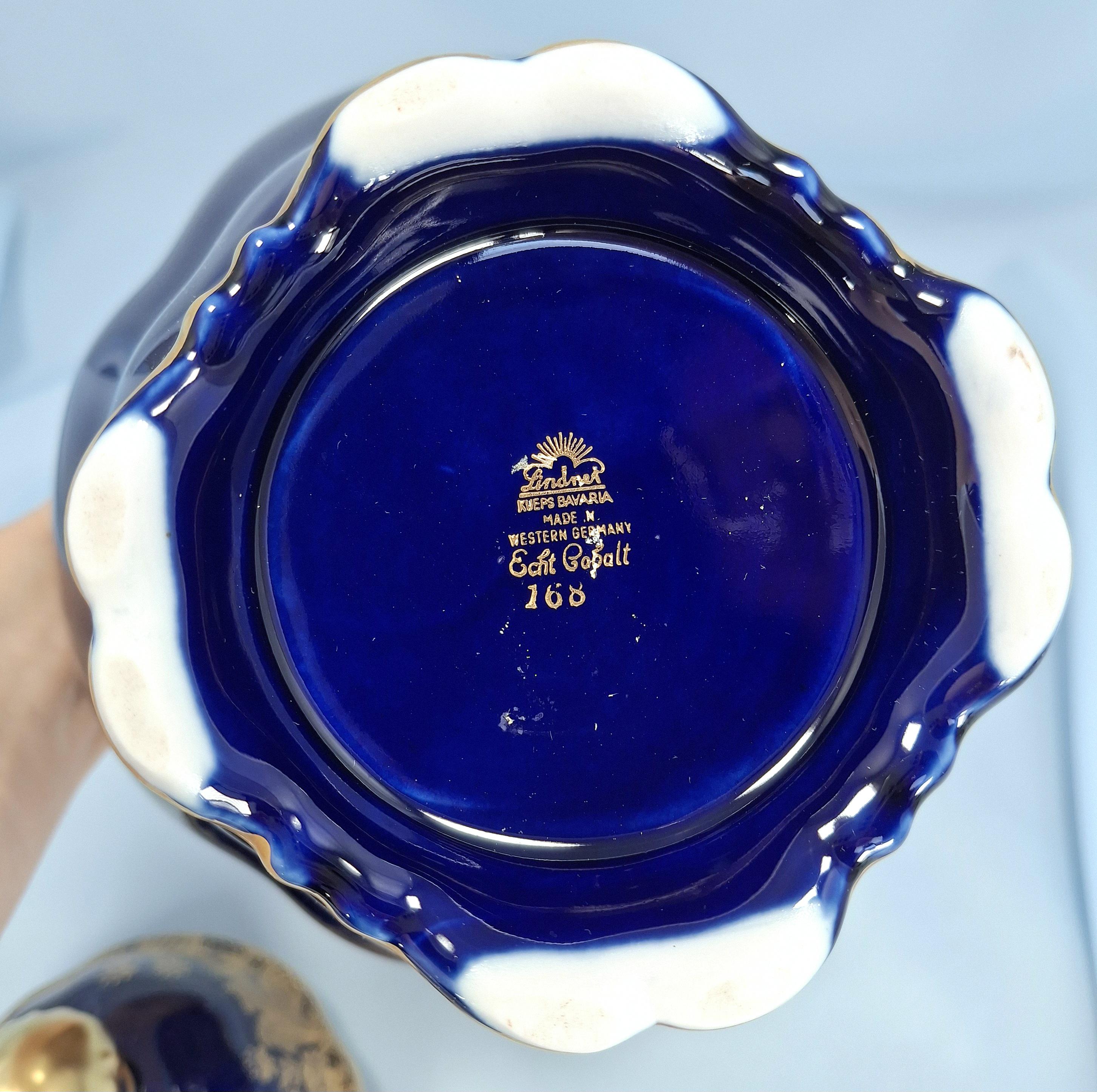 Vintage Lindner Kueps Bavaria Cobalt Blue Gold Porcelain Vase, Jeanette Decor Ginger Jar — image 6