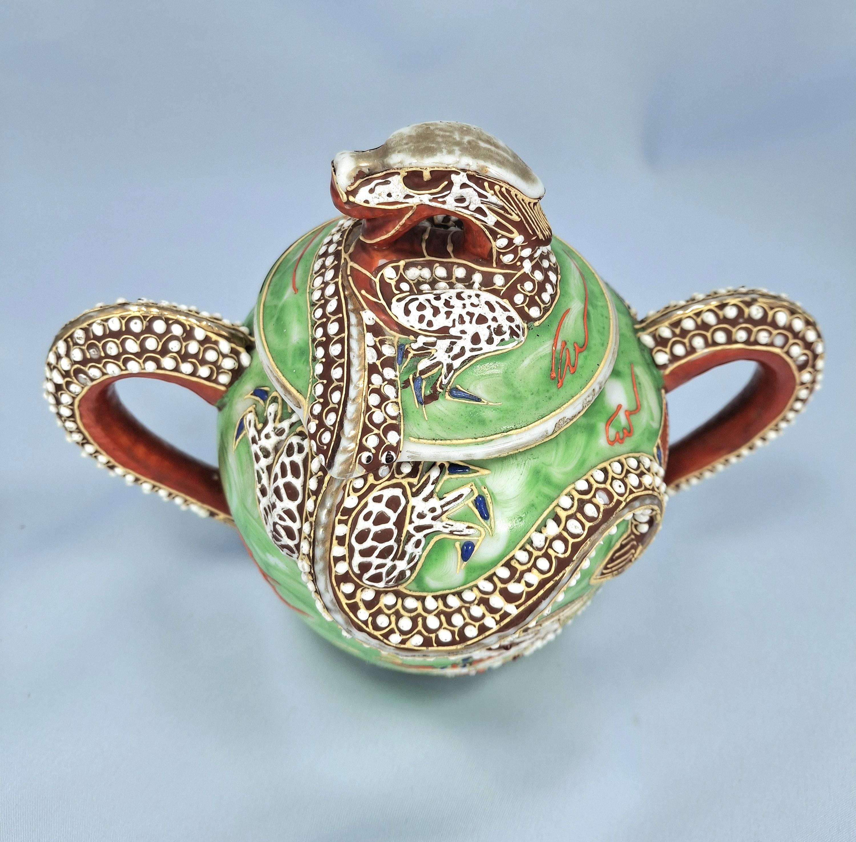 Vintage Japanese Dragonware Kutani Moriage Hand Painted Tea Set: Teapot and Sugar Bowl — image 10