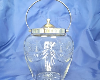 Beautiful Cut Glass Biscuit Barrel. The handle and lid are silver-plated. Made in England. Antique cut glass ice bucket. Vintage Cookie Jar