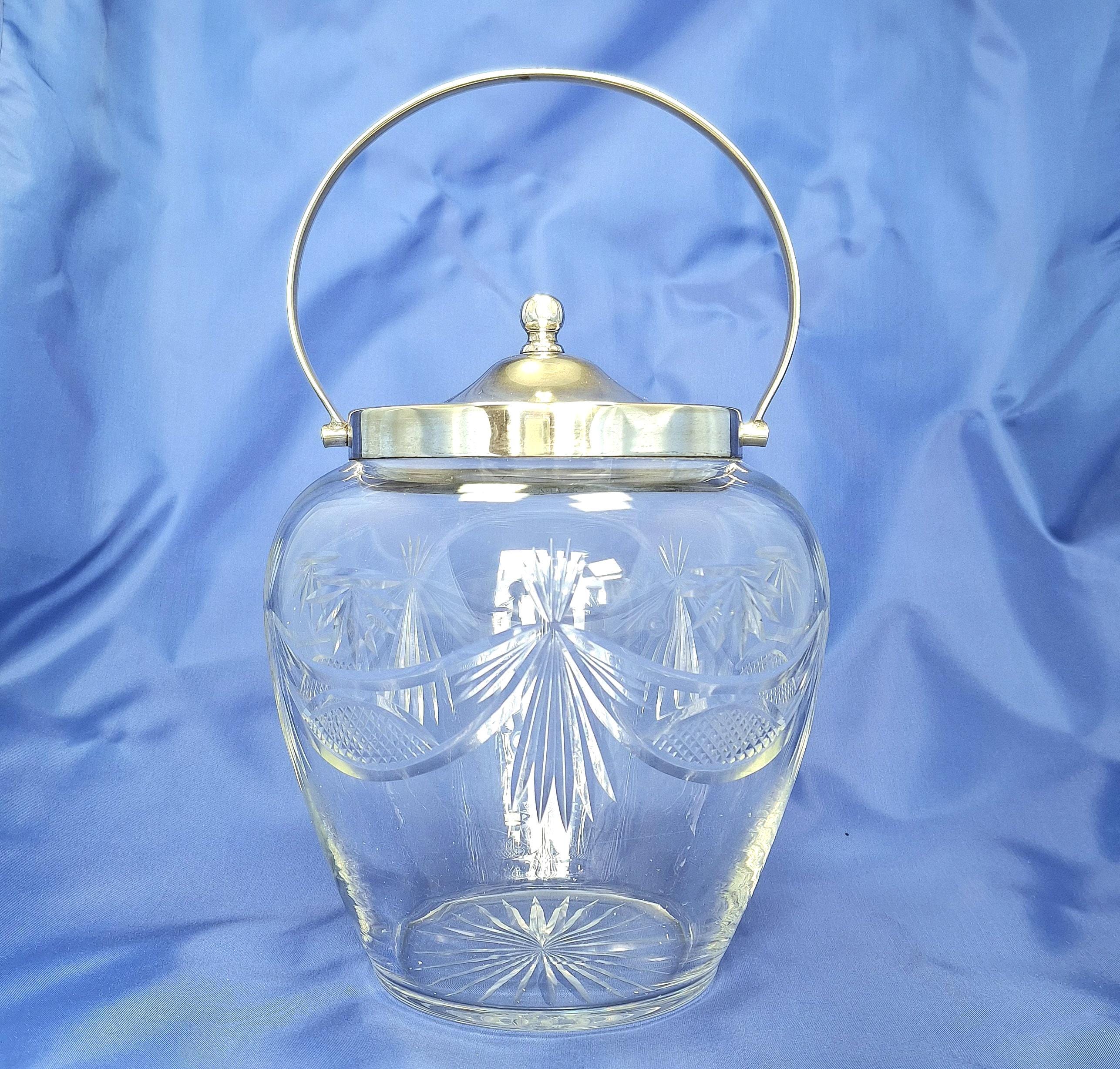 アンティークカットガラスビスケットバレル：銀メッキ蓋、英国製