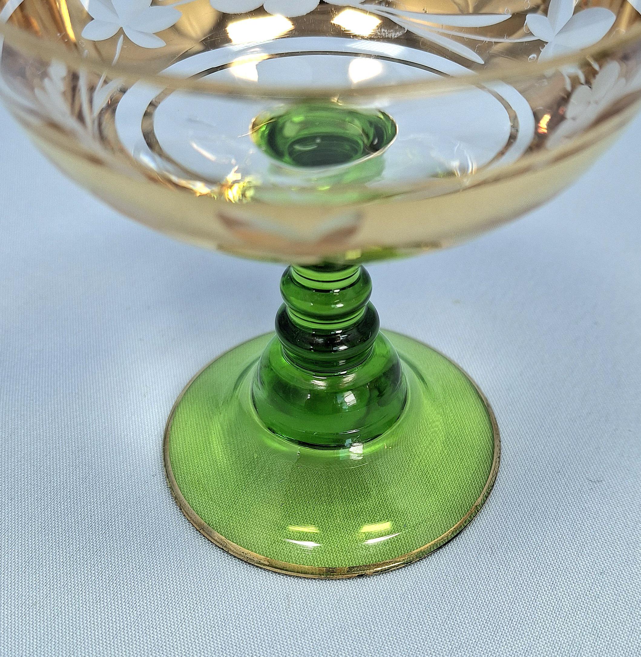 Vintage E & A Böckling Dessert Glasses Set of 2 Green Stem Gold Lustre Floral Coupe Cups — image 4