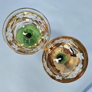 Vintage E & A Böckling Dessert Glasses Set of 2 Green Stem Gold Lustre Floral Coupe Cups image 11