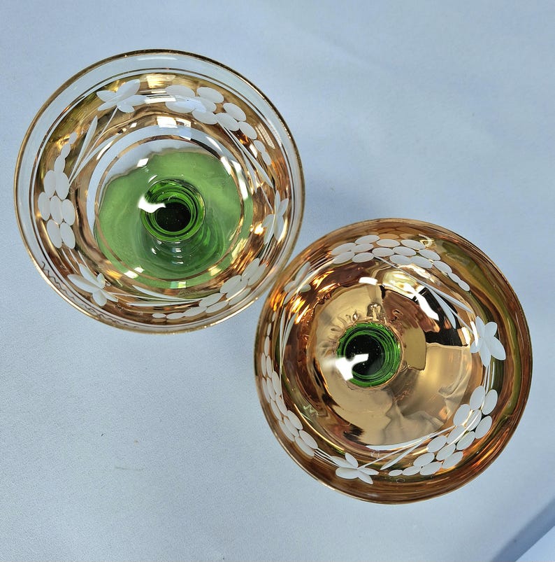 Vintage E & A Böckling Dessert Glasses Set of 2 Green Stem Gold Lustre Floral Coupe Cups image 11