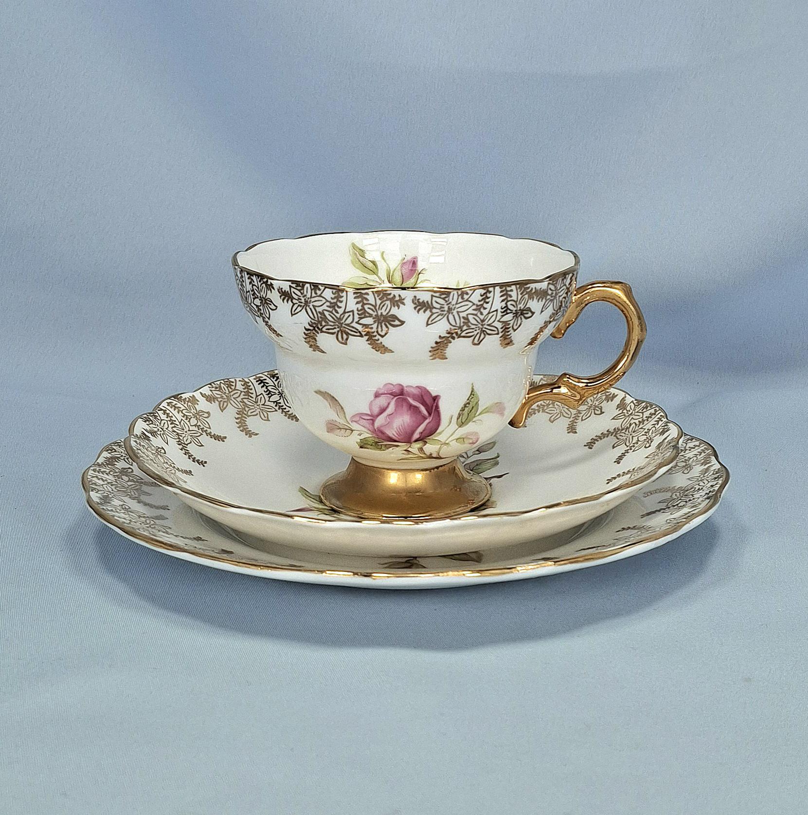 Vintage Rosina Bone China Tea Set, 7 Trios & Milk Jug, Pink Rose Gold Trim, England — image 4