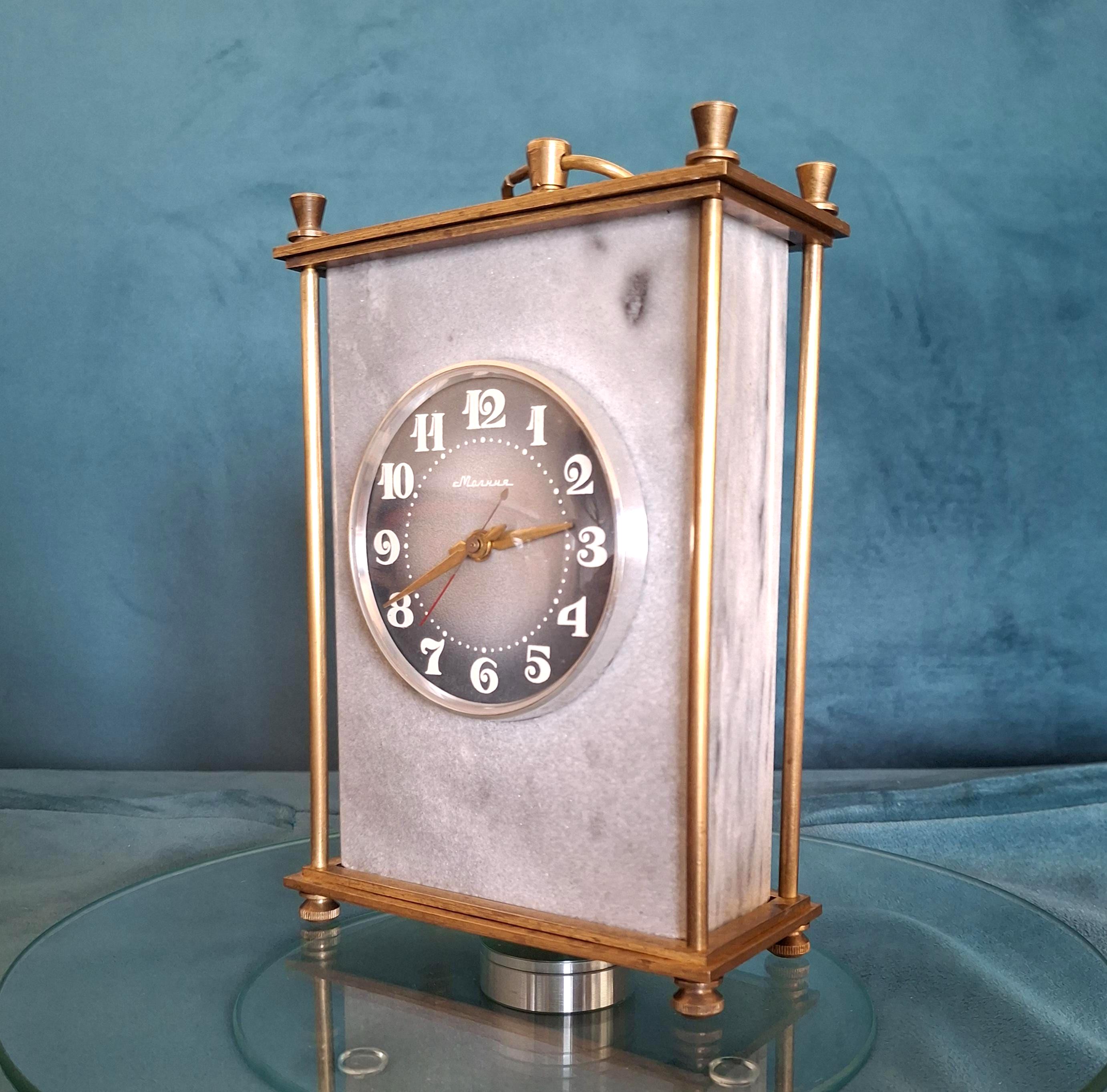 Vintage Molnija Mantel Clock: Brass & Marble Desk Decor, USSR 1970s