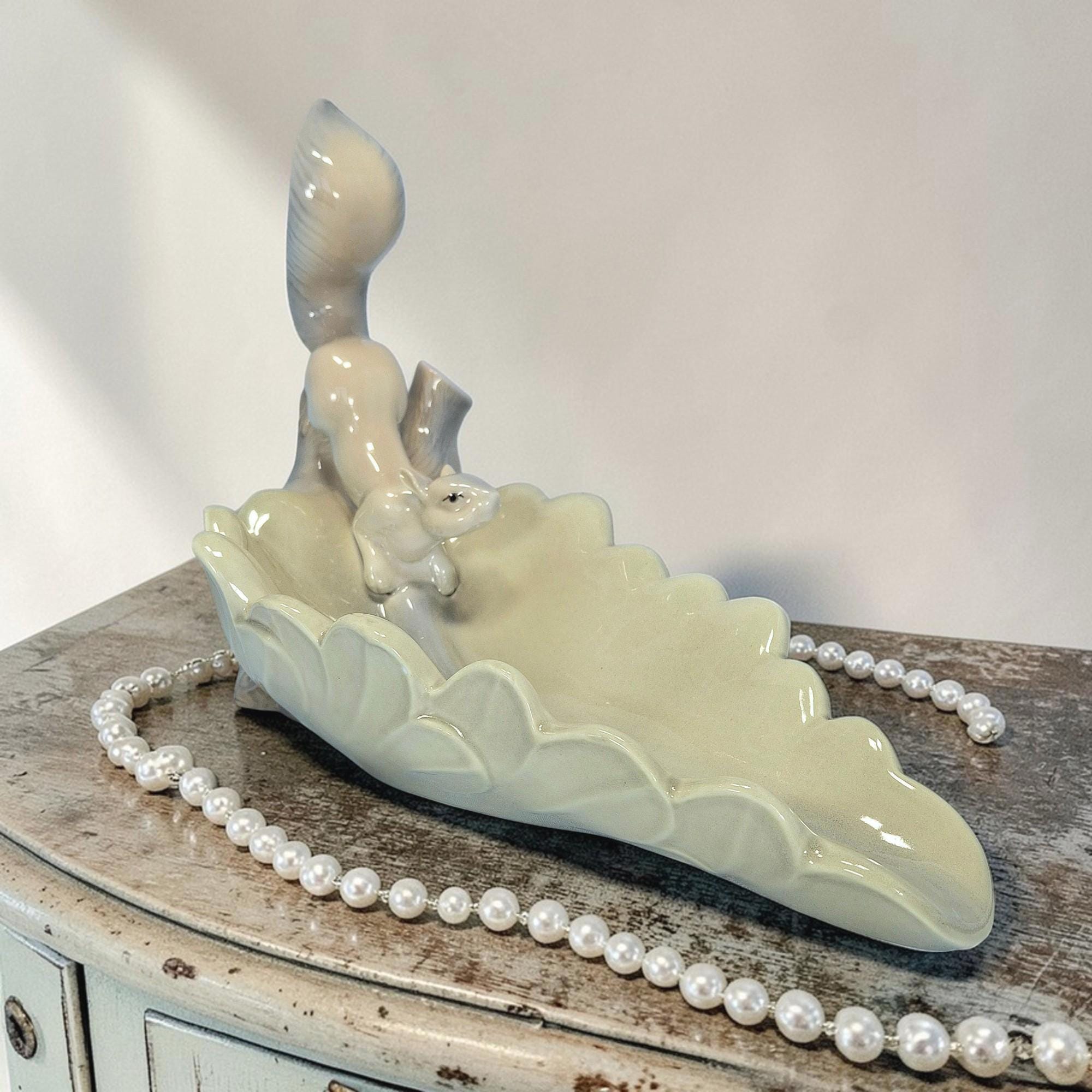 Vintage Porceval Spain Ceramic Leaf Dish, Hand Painted Squirrel Trinket Tray, Cottagecore Vanity Decor