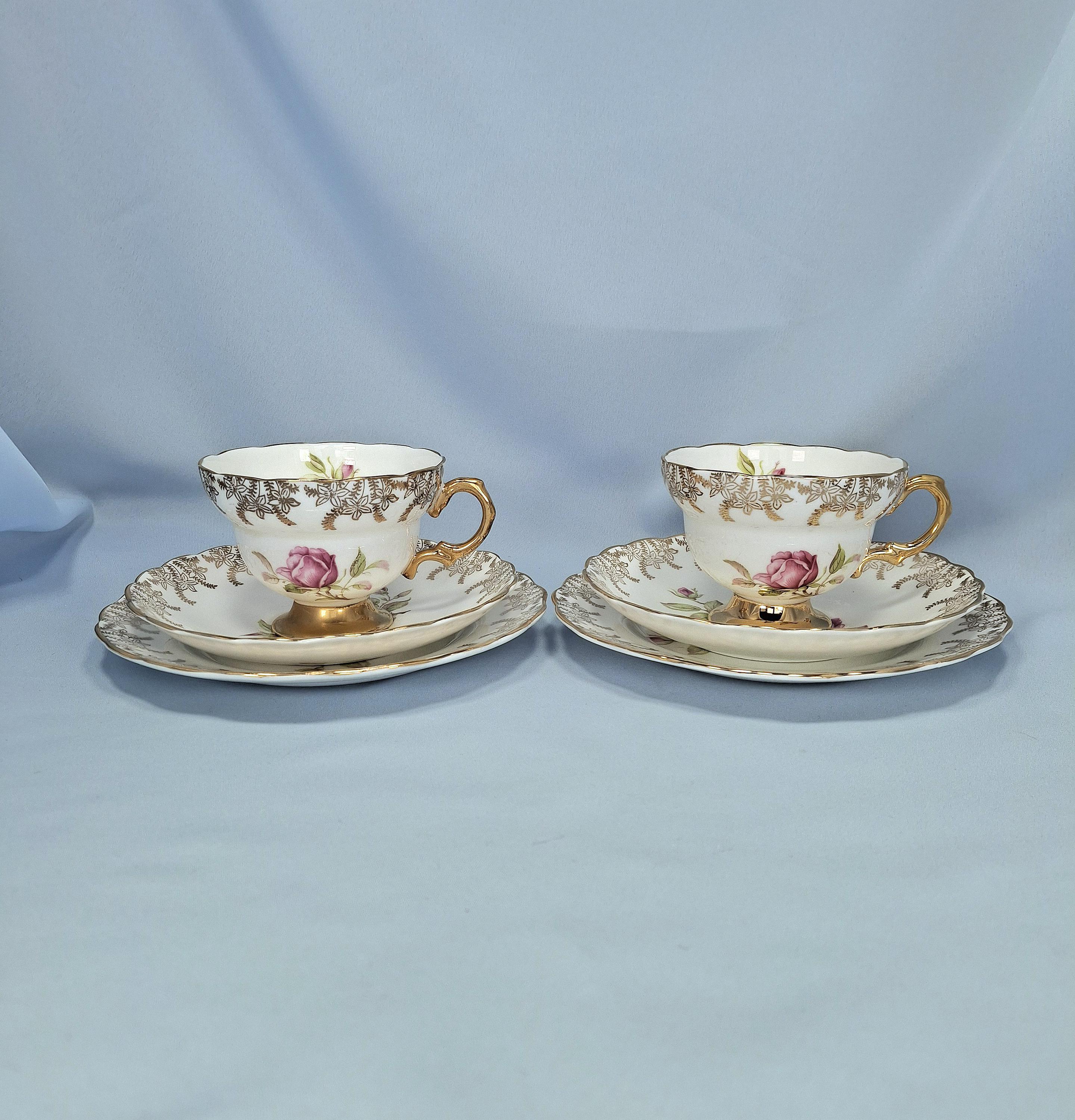 Vintage Rosina Bone China Tea Set, 7 Trios & Milk Jug, Pink Rose Gold Trim, England — image 6