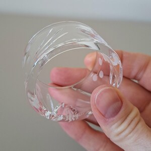 May include: A clear glass napkin ring featuring an etched floral pattern with delicate leaves and small circular dots. The circular band has a smooth, polished surface and a translucent appearance, showcasing the intricate engraved botanical details.