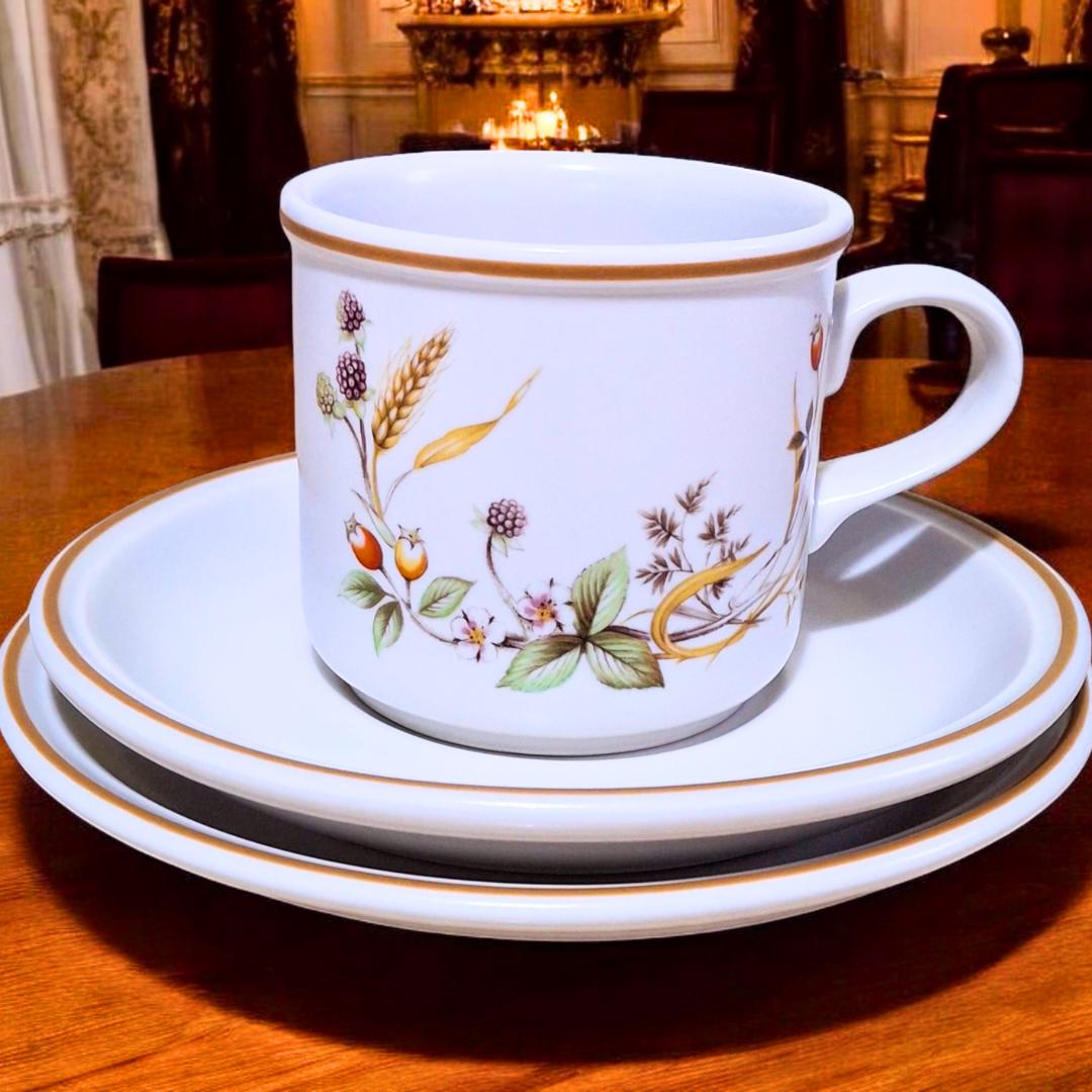 Vintage Marks & Spencer Tea Cup Trio Set: Harvest Floral Oven-to-Tableware