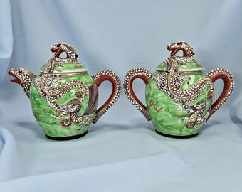 service à thé vintage japonais Dragonware Kutani Moriage peint à la main : théière et sucrier