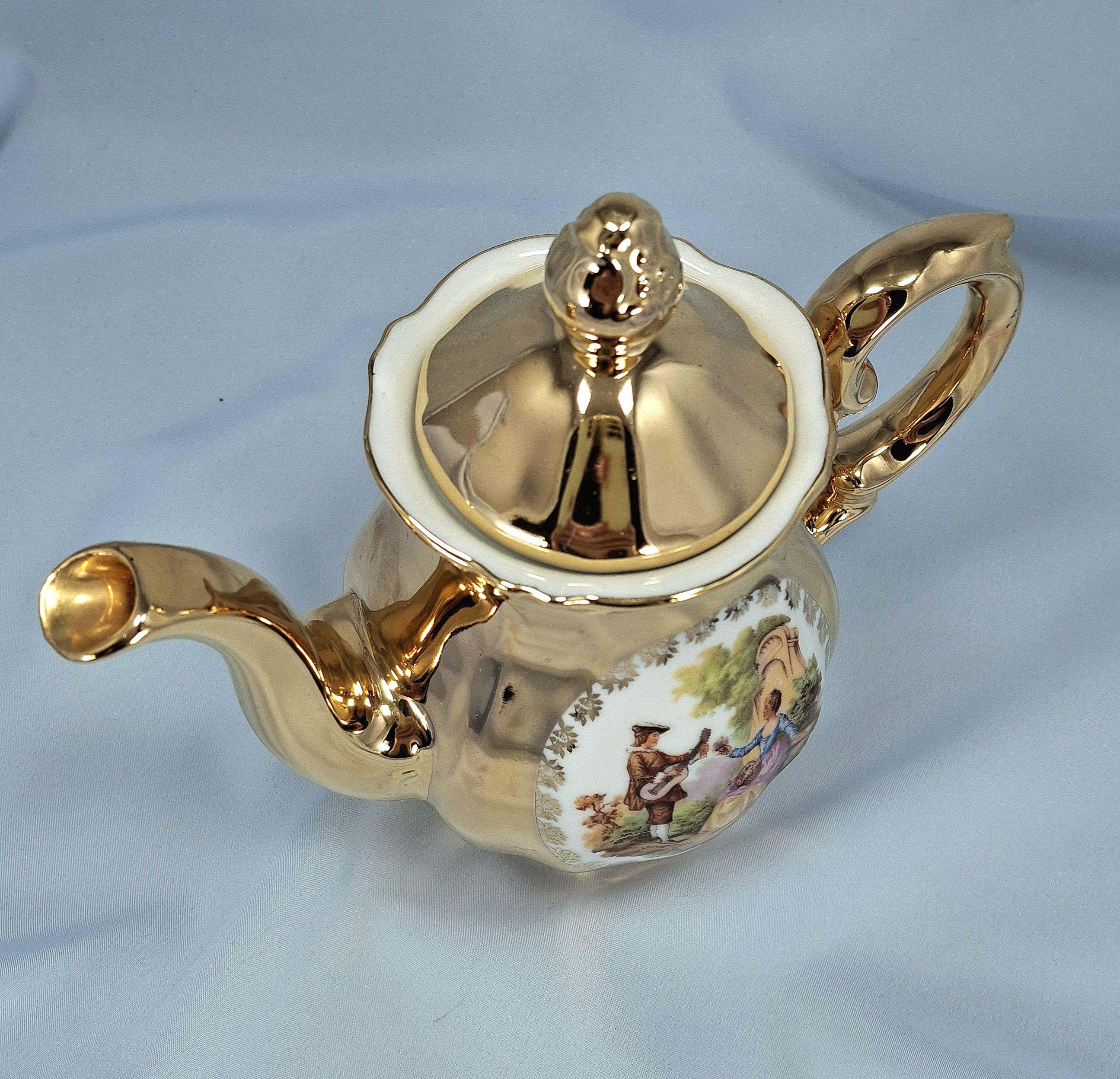 Seltmann Weiden Fragonard Gold Coffee Tea Set for 4, Vintage German Porcelain Demitasse Cups, Teapot, Sugar Bowl, Creamer — image 6