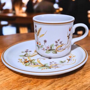 May include: A white teacup and saucer with a floral pattern featuring brown wheat stalks, green leaves, and red berries. The cup has a gold rim and a handle.