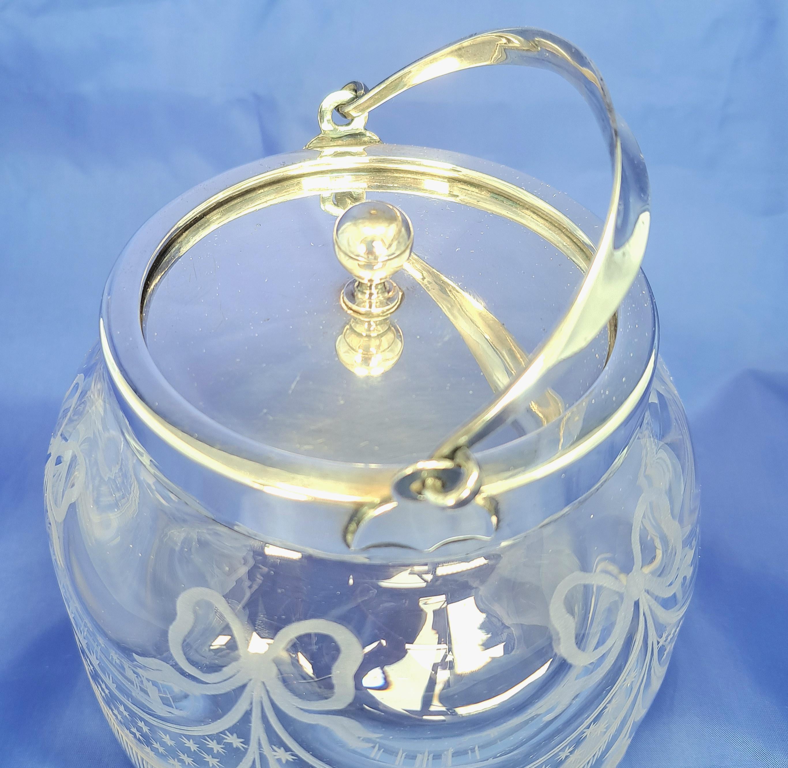 Antique Etched Glass Biscuit Barrel, Hand Blown, Silver Tone Lid, Edwardian Cookie Jar — image 6