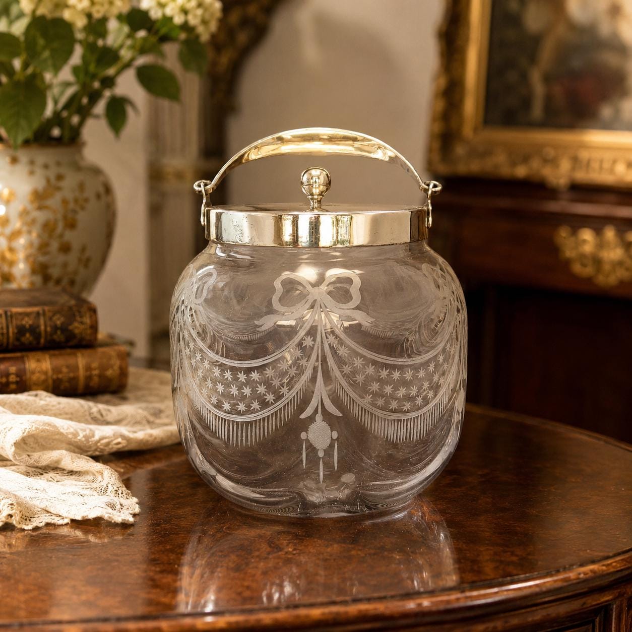 Antique Etched Glass Biscuit Barrel, Hand Blown, Silver Tone Lid, Edwardian Cookie Jar