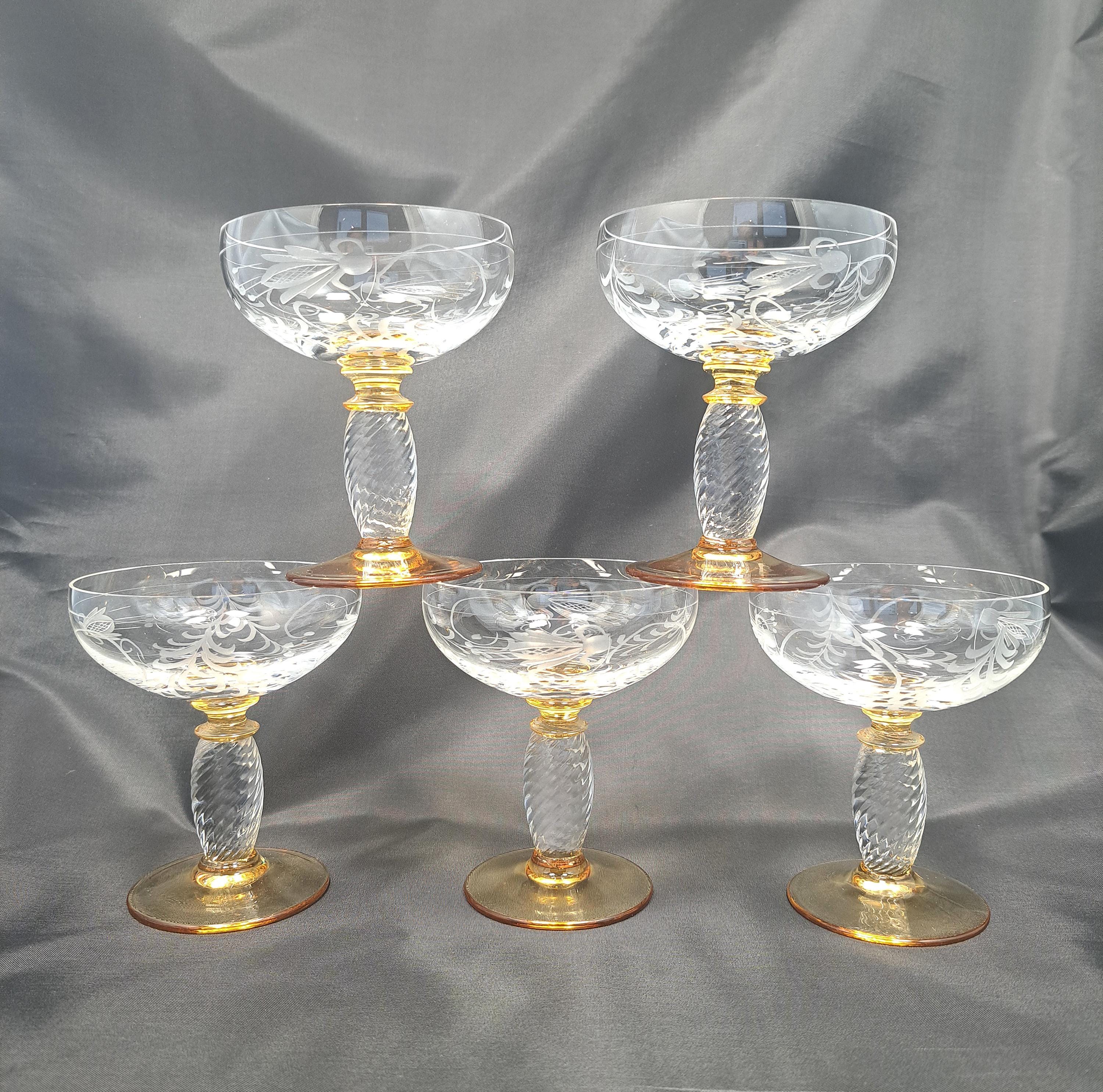 Vintage Amber-Stem Crystal Coupe Glasses