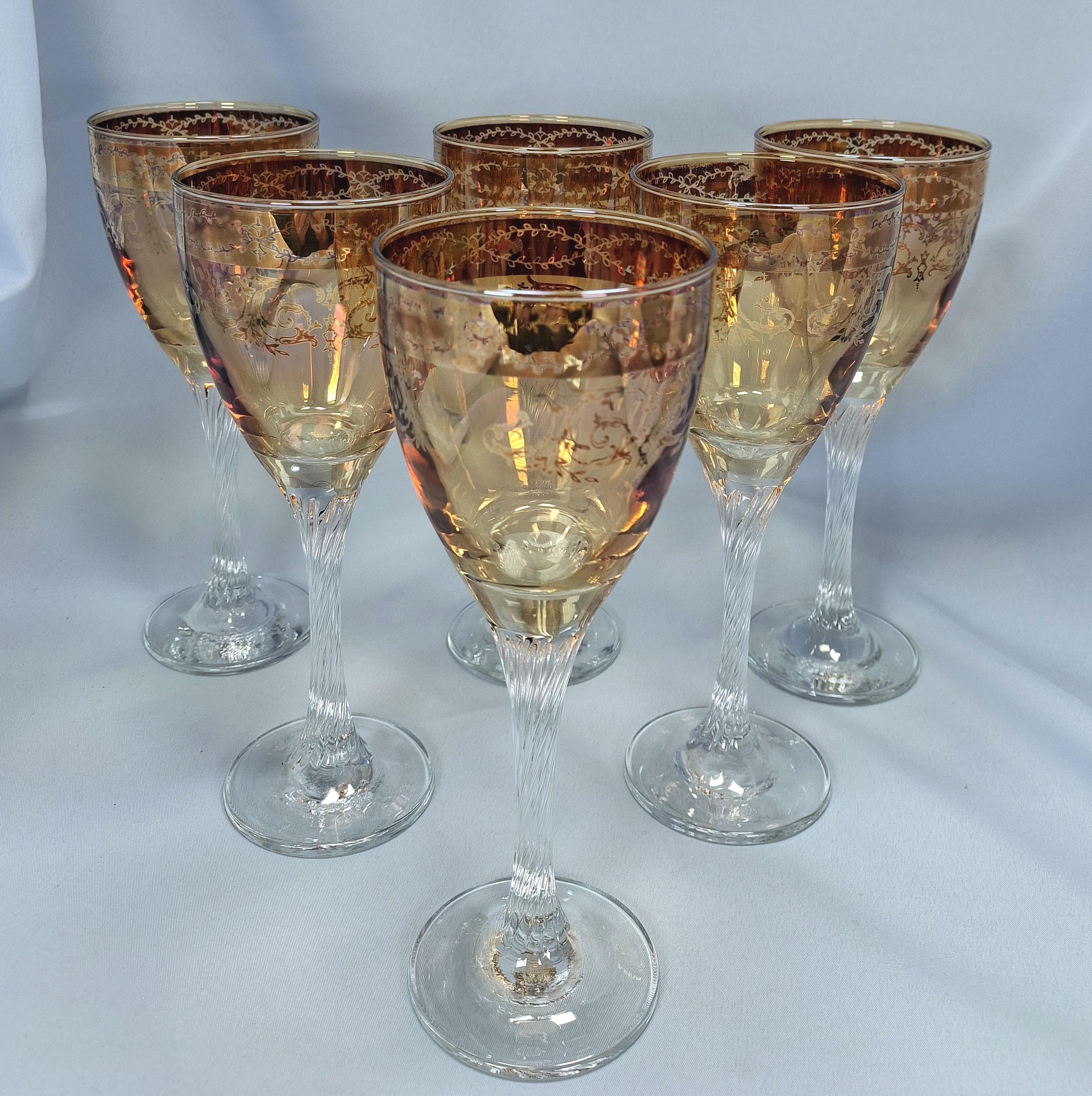 Set of 6 Umber Wine Glasses, Gold Trim, Twisted Stem Barware, Elegant Vintage Barware — image 4