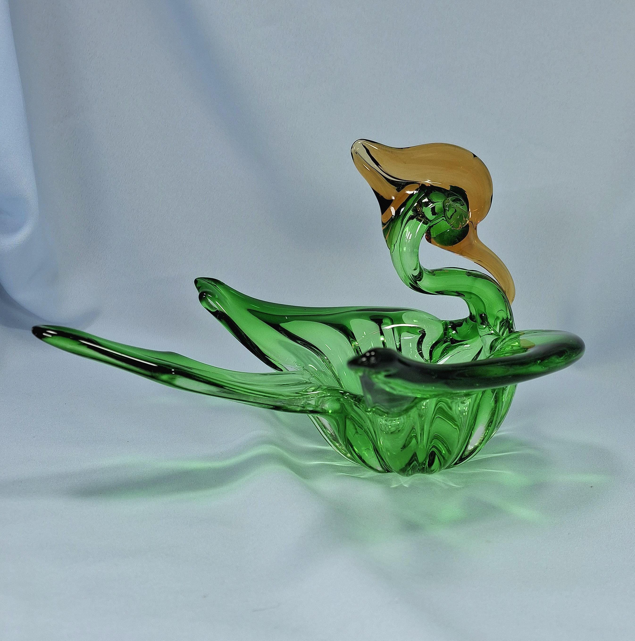 Vintage Art Glass Swan Bowl, Green Gold Murano Style Centerpiece — image 3