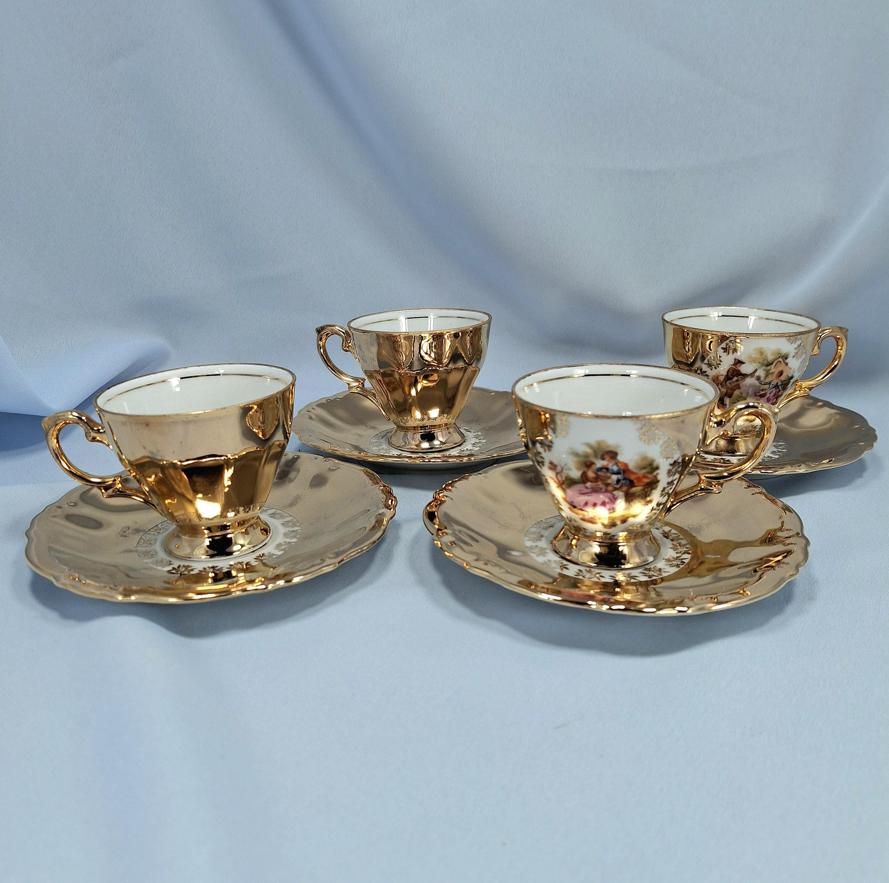 Seltmann Weiden Fragonard Gold Coffee Tea Set for 4, Vintage German Porcelain Demitasse Cups, Teapot, Sugar Bowl, Creamer — image 7