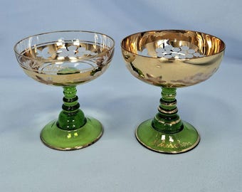 ヴィンテージ E & A Böckling デザートグラス 2個セット グリーンステム ゴールドラスター 花柄 クーペカップ