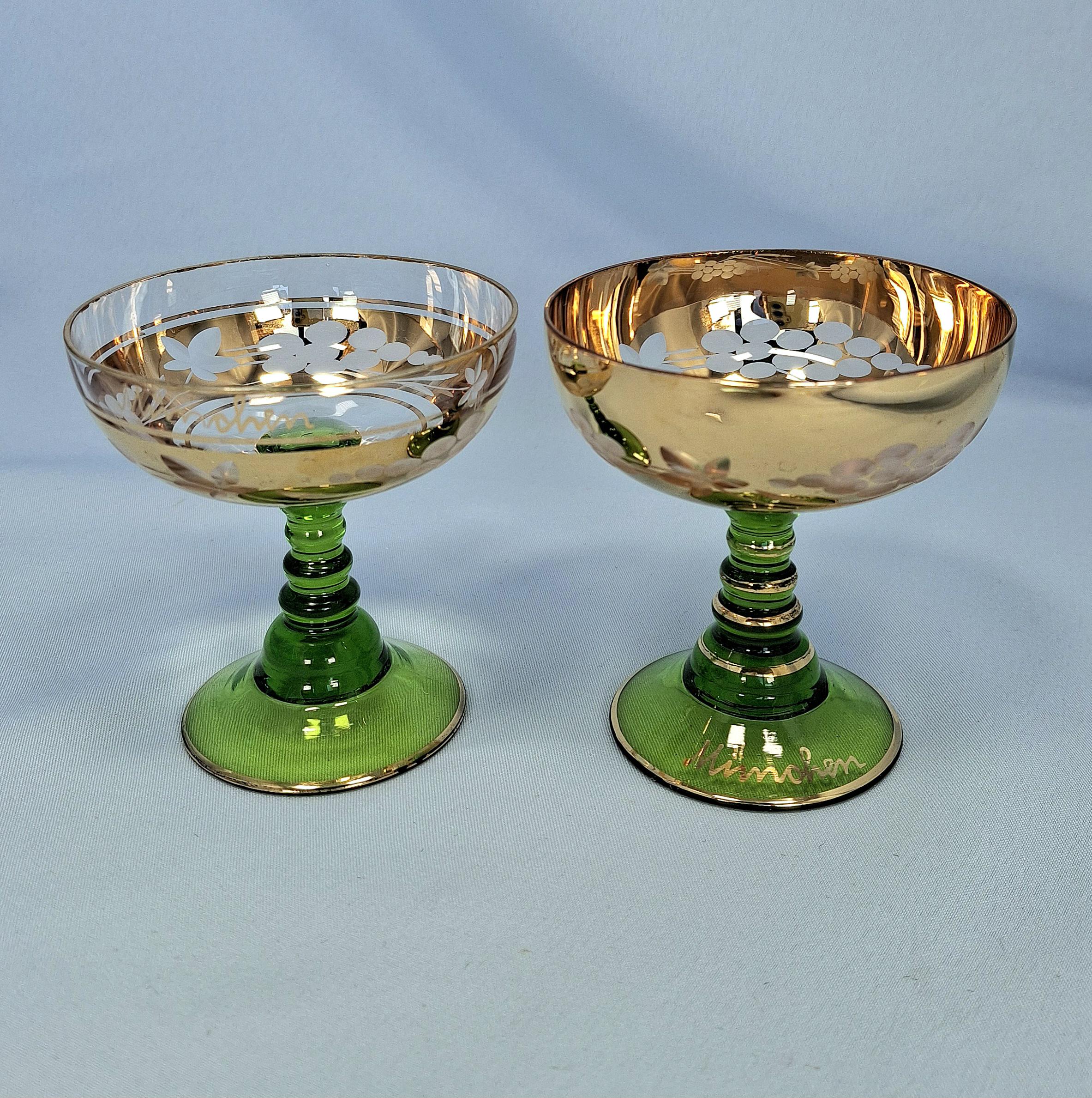 Vintage E & A Böckling Dessert Glasses Set of 2 Green Stem Gold Lustre Floral Coupe Cups