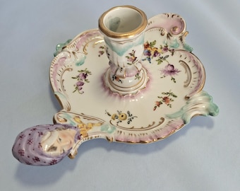 KPM Berlin Porcelain Chambersticks: Floral Weichmalerei, Figural Lady Handle